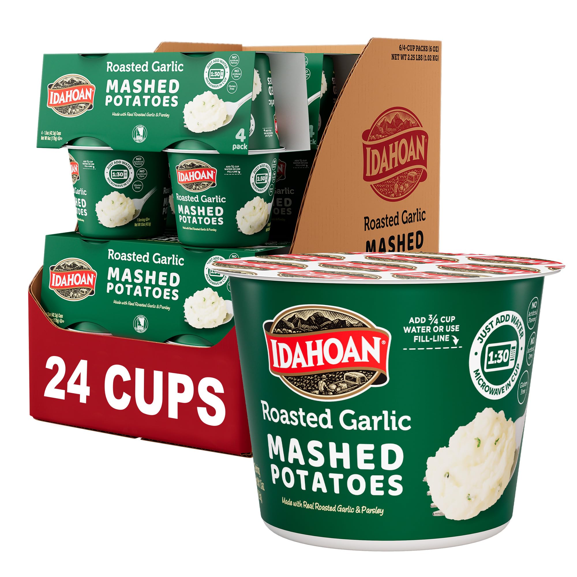Idahoan Roasted Garlic Instant Mashed Potatoes 1.5 oz Cup (24 Count) - Quick & Easy Side Dish for Camping, Dorm Meals & Emergency Food Supply