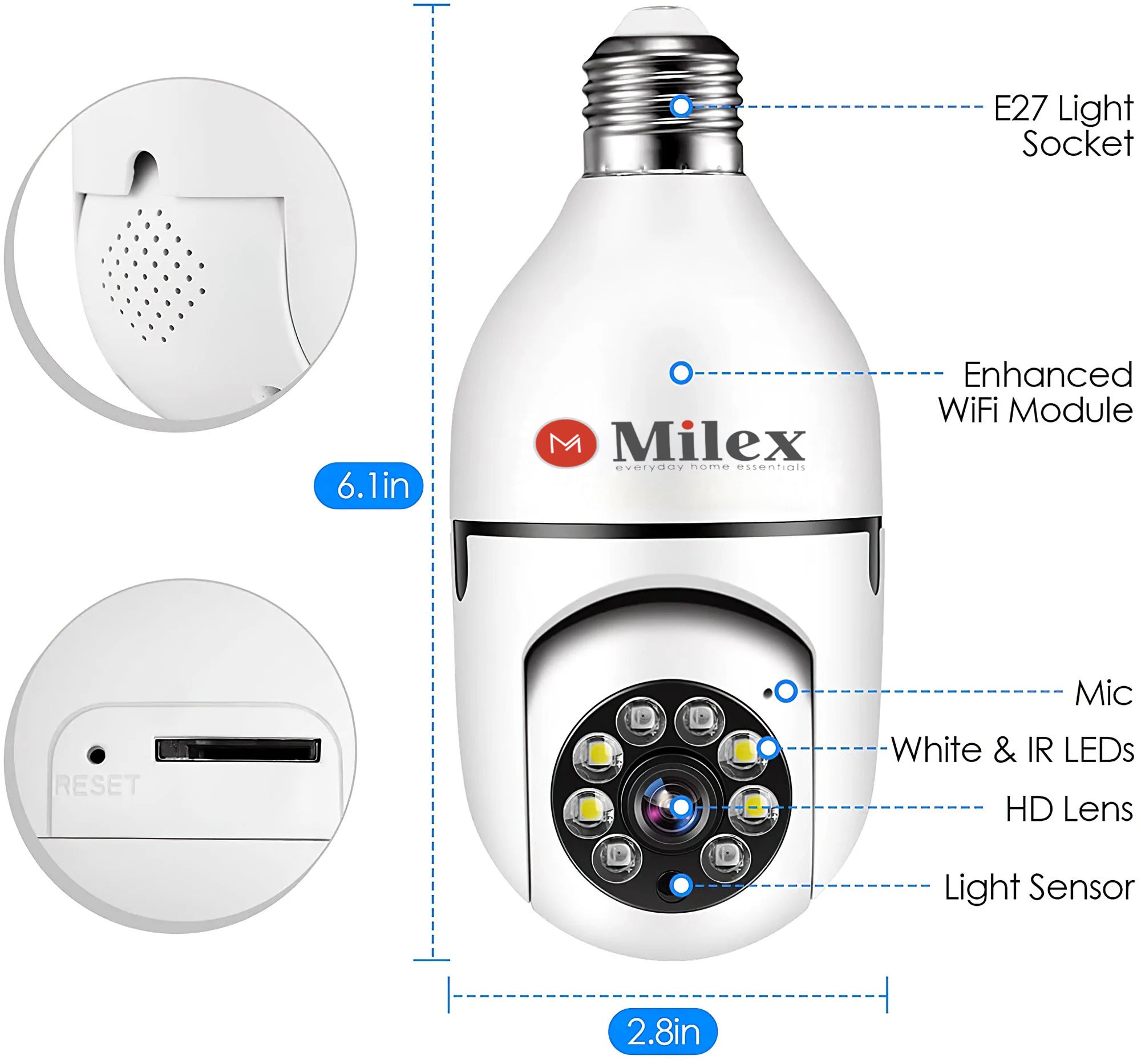 Milex Smart Light Bulb Security Camera - 360° HD Night Vision, Motion Detection, WiFi Wireless, 2-Way Audio - Perfect for Home, Office, and Outdoor Security Monitoring
