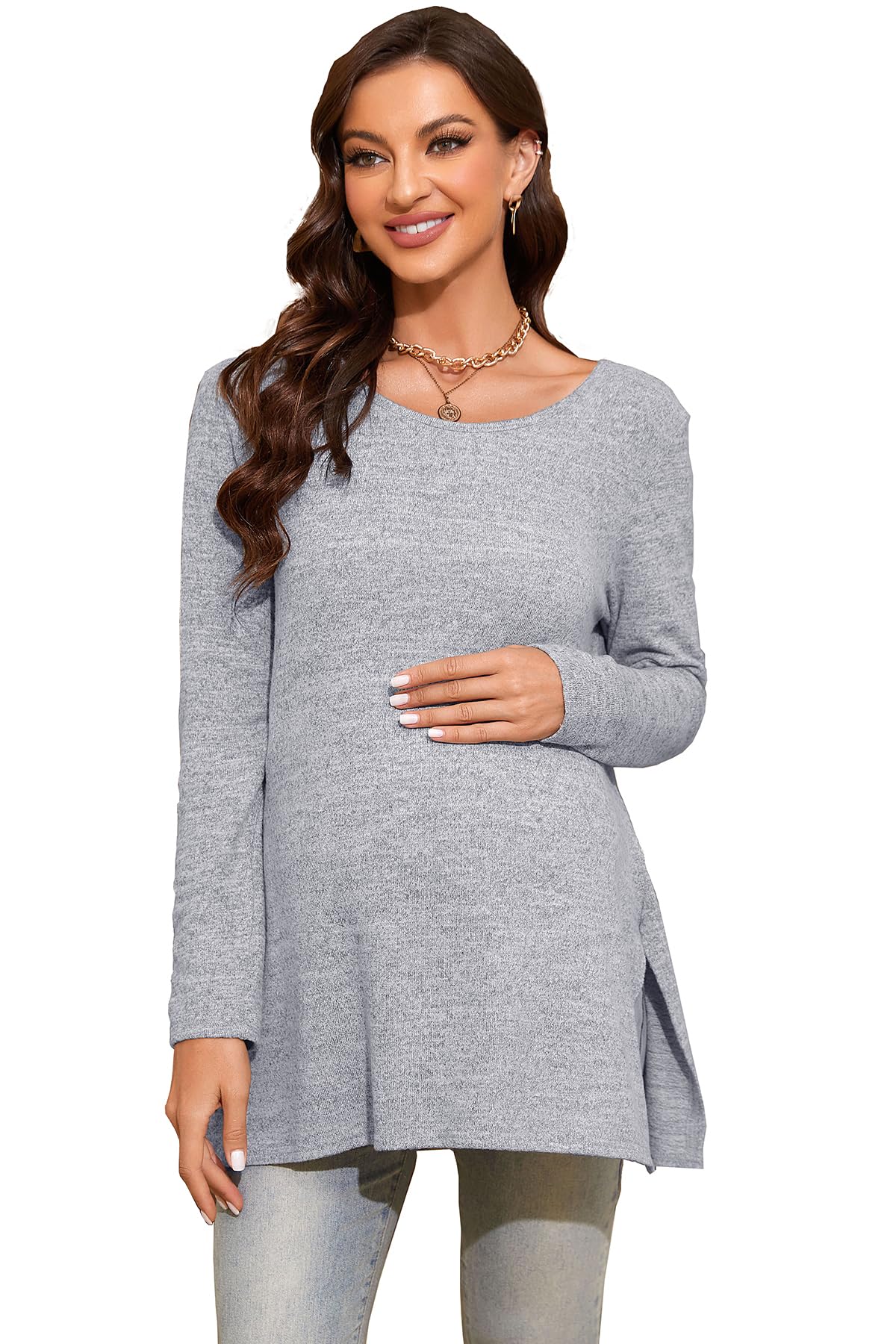 Smallshow Women's Maternity Shirts - Side Split Long Sleeve Pregnancy Tops for Nursing & Everyday Comfort | Perfect for Work, Casual Wear & Maternity Photos