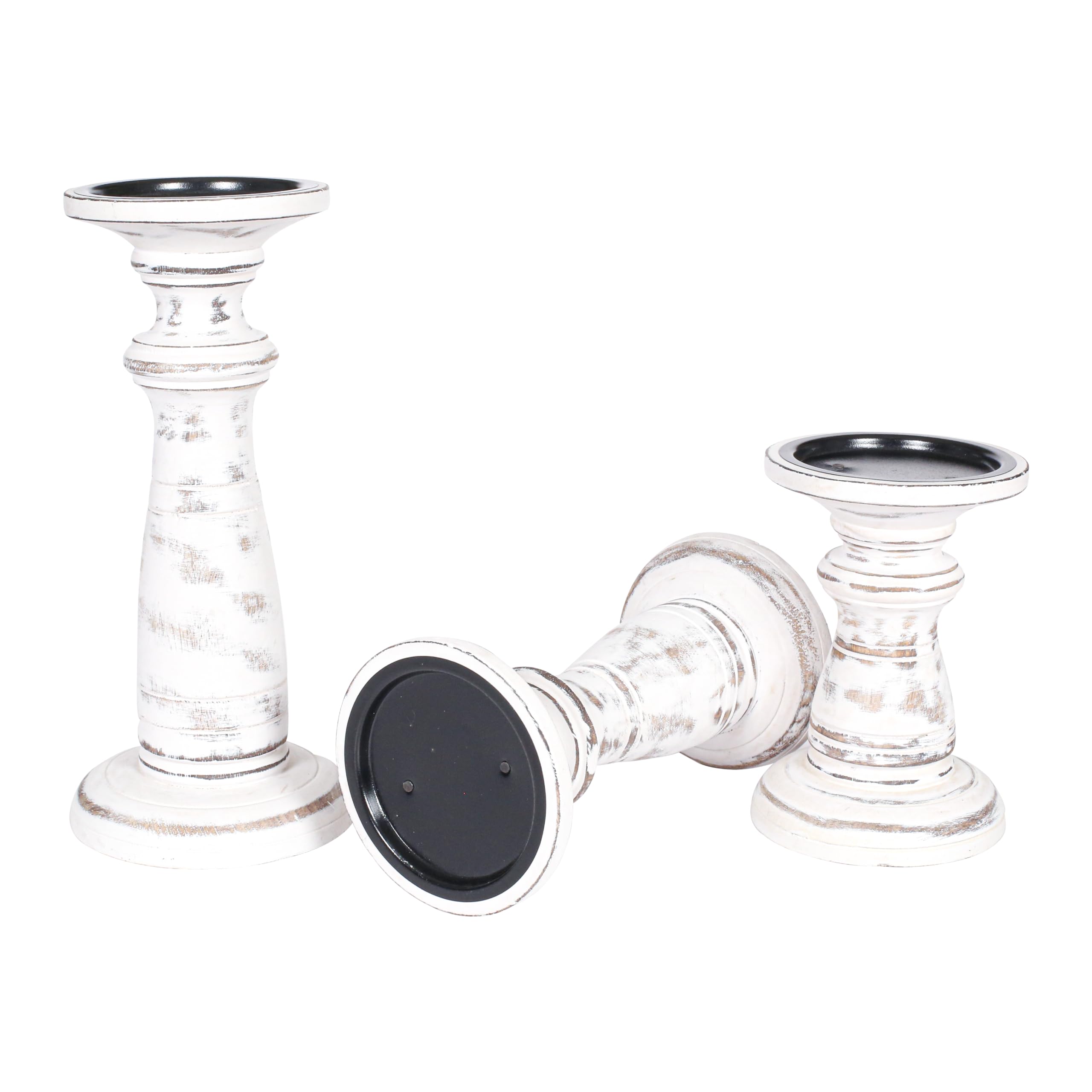 Handmade Wooden Pillar Candle Holders Set of 3 (10, 8, 6 Inch) - Antique White Decorative Candle Stand for LED, Pillar, Votive Candles - Perfect for Weddings, Christmas, Parties, Home Decor, Reiki, Aromatherapy & Garden Use