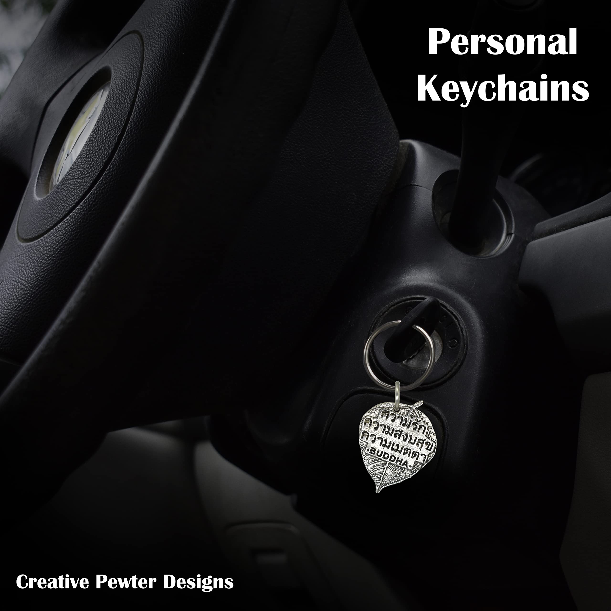 Handmade Pewter Buddha Leaf Keychain - 1.5 Inch Spiritual Meditation Gift (A1102KC) | Buddhist Prayer Accessory for Yoga, Travel & Daily Inspiration | USA Crafted Metal Key Ring with 100+ Design Options