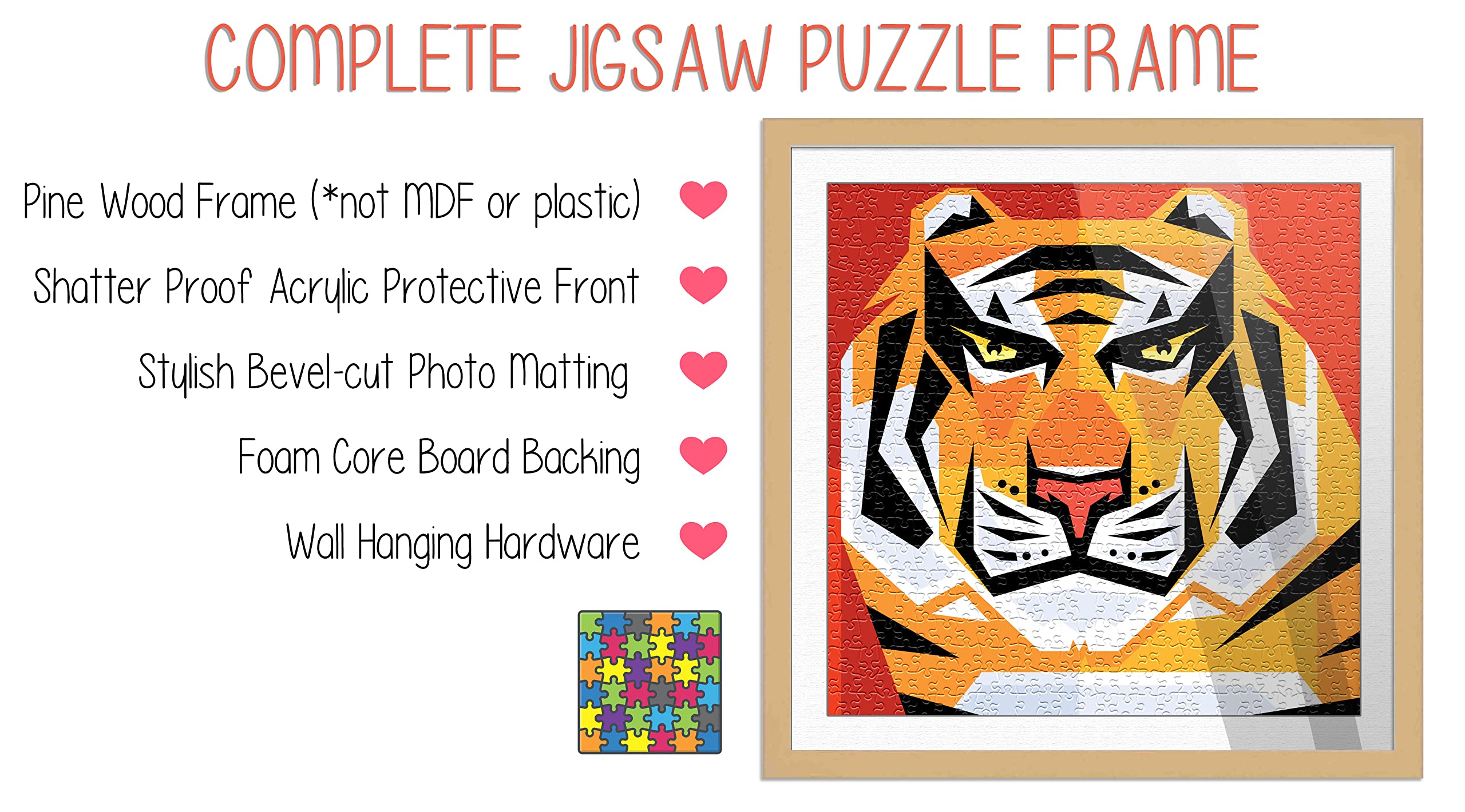 28x40 White Solid Wood Picture Frame with White Photo Mat - Perfect for Displaying 26x38 Puzzles | Includes Acrylic Plexiglass, Foam Board Backing, Hanging Hardware & Peel & Stick Puzzle Glue Sheets | Ideal for Home Decor, Office Display or Gift Giving