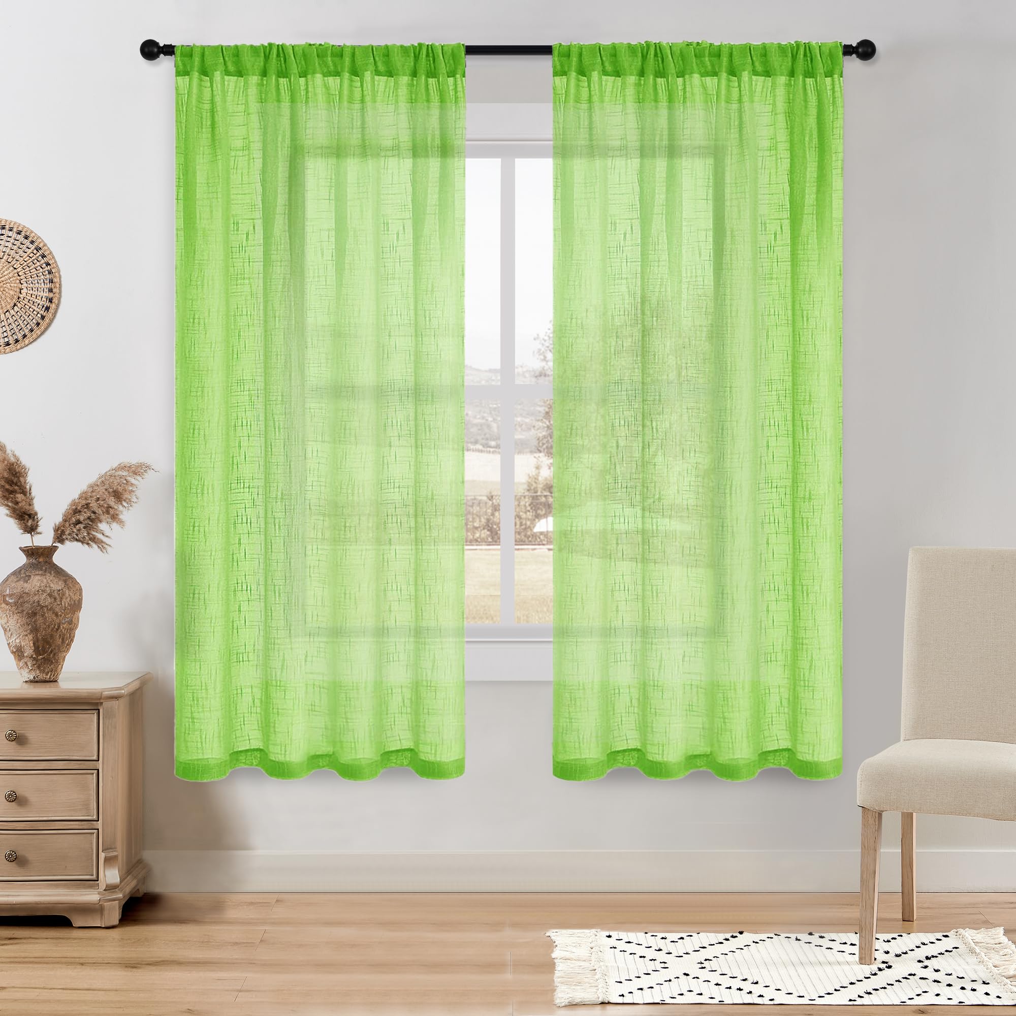 DWCN Green Sheer Curtains - Faux Linen Textured Weave Rod Pocket Window Panels (Set of 2, 52x63 Inches) for Living Room, Bedroom & Office - Light Filtering Semi Voile Drapes for Privacy & Natural Light