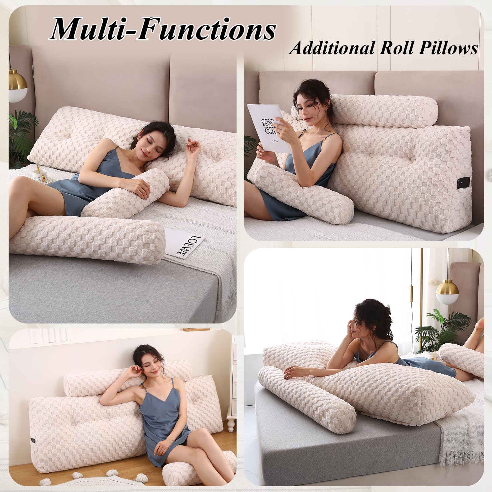 **Large Wedge Headboard Pillows Set - Long & Short Bolster Pillows for Bed Backrest, Sitting Comfort, Reading & Relaxing in Bed**