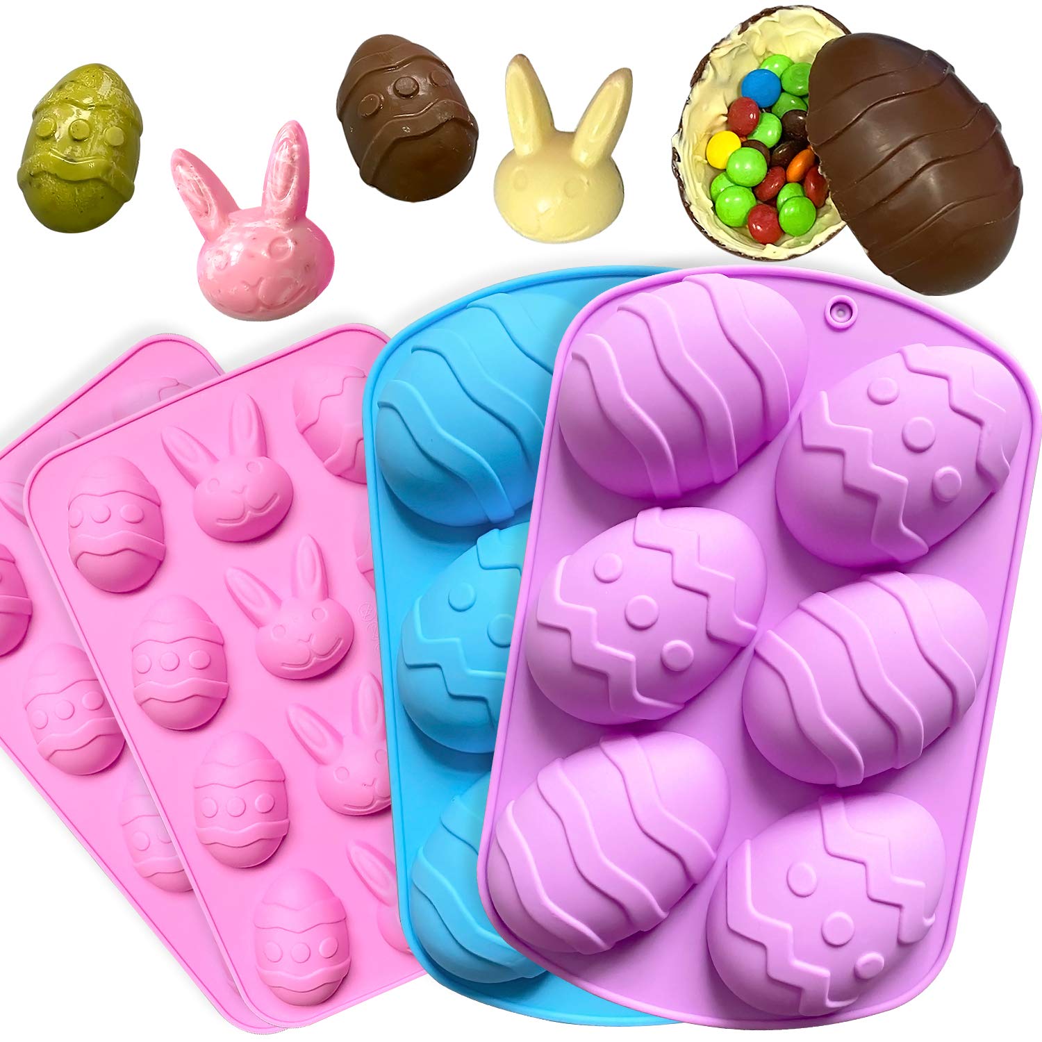 Easter Egg Molds for Chocolate, Candy, Cake & Jelly Pudding - Large Colorful Silicone Rabbit & Egg Shaped Molds - Perfect for Easter Baking, DIY Desserts, Party Treats & Holiday Decorations
