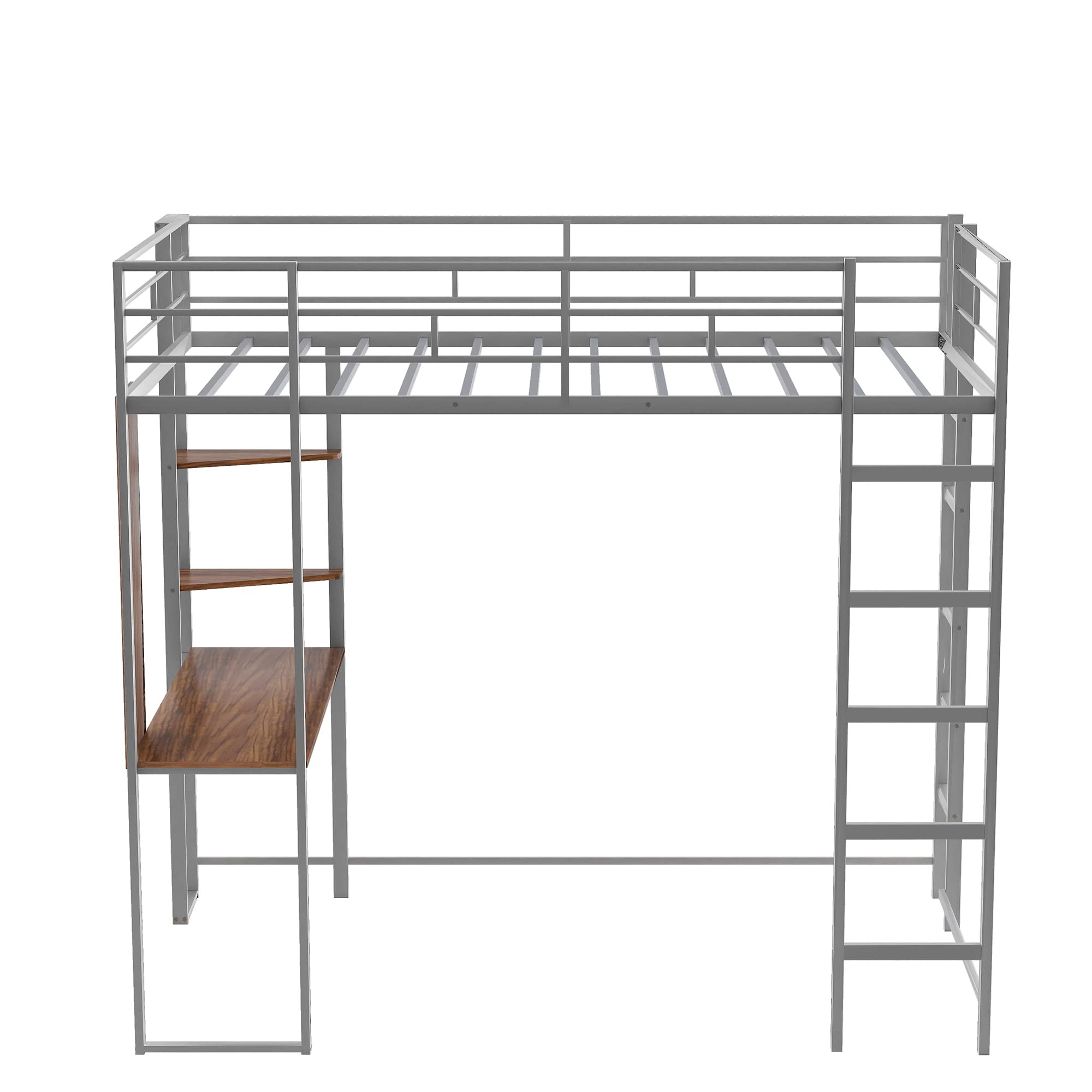 P PURLOVE Twin Size Metal Loft Bed with Desk & Shelves for Kids & Teens - Sturdy 2-Ladder Bed Frame, No Box Spring Needed - Perfect for Small Bedrooms, Dorm Rooms & Space-Saving Kids' Rooms