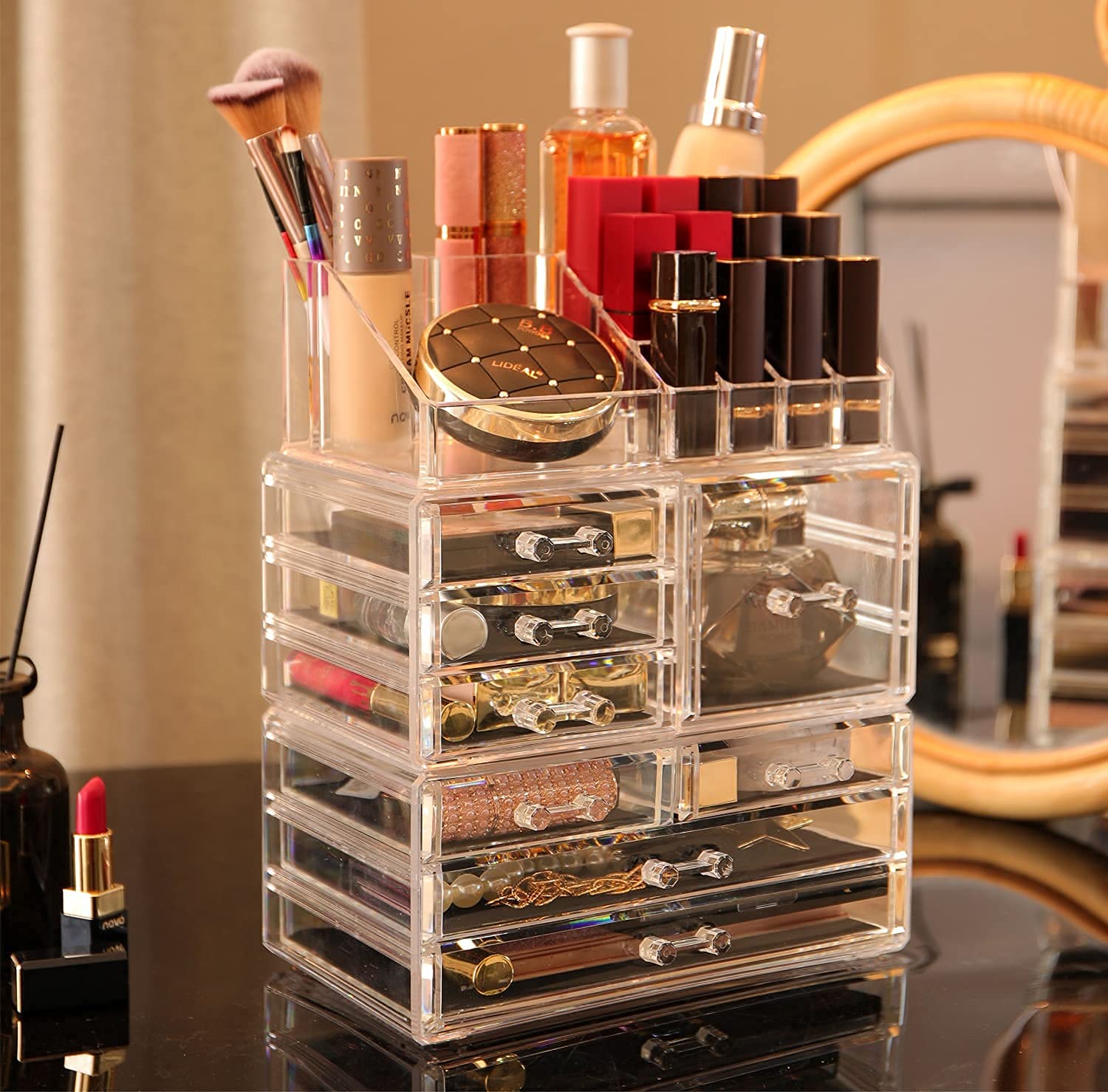 3-Pack Clear Acrylic Makeup Organizer with 8 Stackable Drawers - Countertop Vanity Storage for Jewelry, Hair Clips & Beauty Products - Perfect for Dresser, Desk & Bathroom Organization