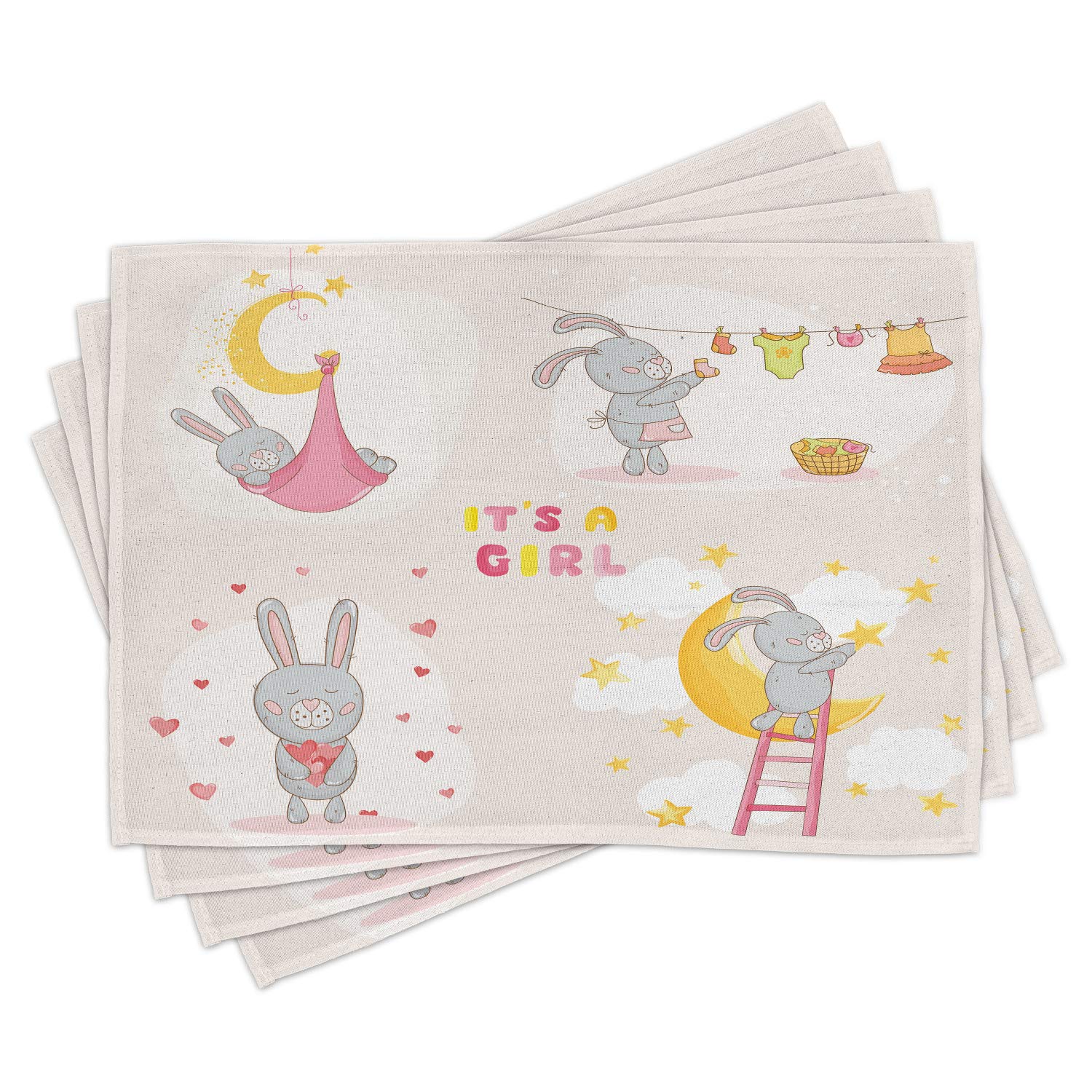 Ambesonne 4-Pack Feminine Place Mats - Cute Bunny Rabbit Sleeping, Doing Laundry & Picking Stars Cartoon Design, Washable Fabric Table Mats for Dining Room & Kitchen Decor (Yellow Beige) - Perfect for Easter Brunch, Spring Tea Parties & Cozy Family Dinners