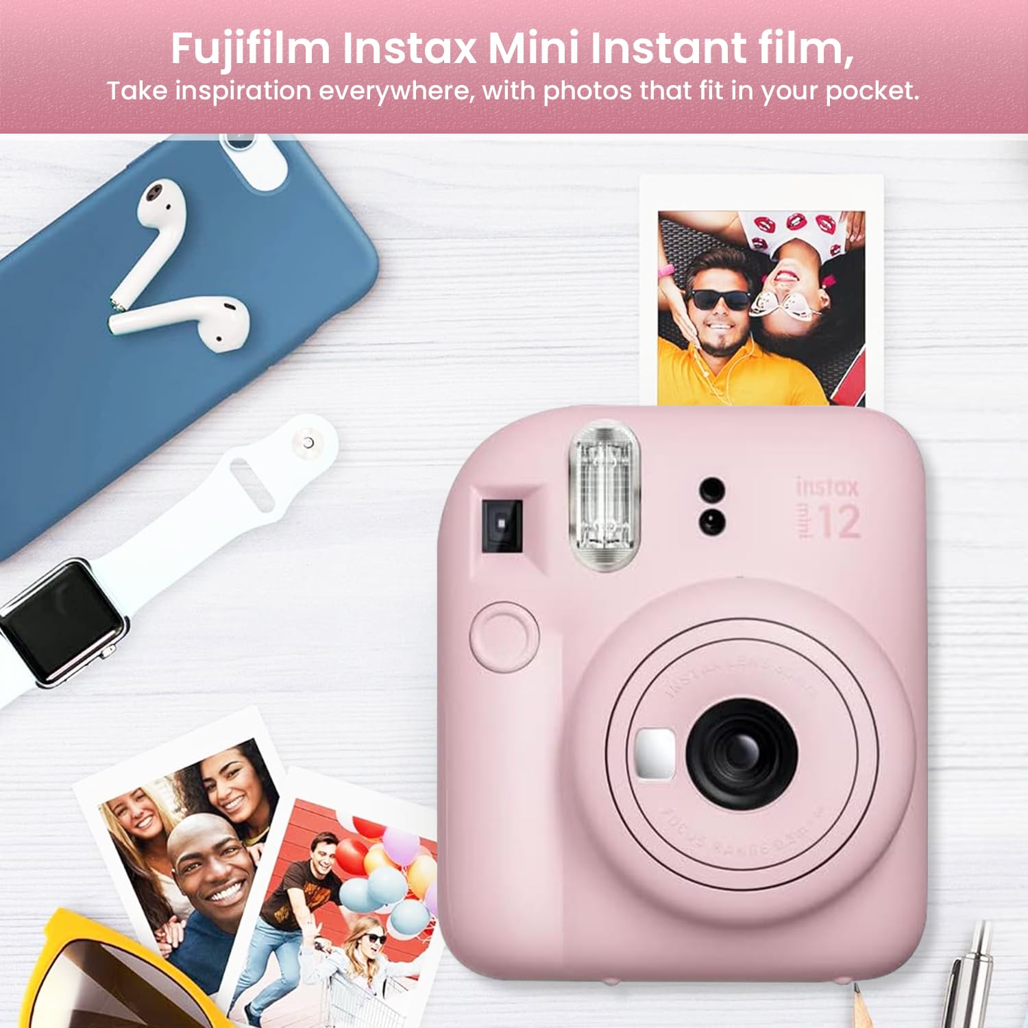 Fujifilm Mini 12 Instant Camera Starter Kit with 60-Sheet Film, 4 AA Batteries & Lens Cloth - Blossom Pink | Perfect for Travel, Parties & DIY Photo Albums