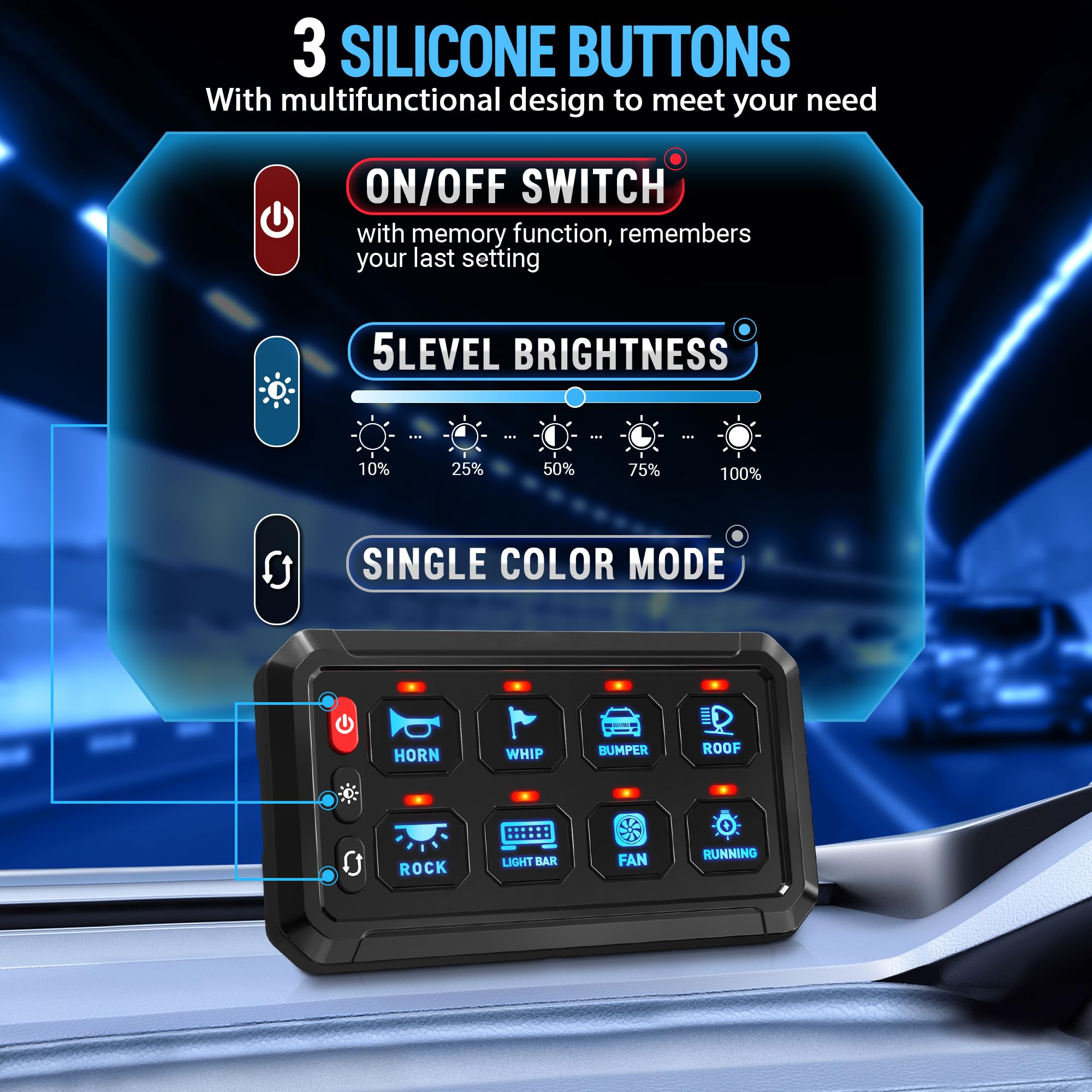 8 Gang Universal Switch Panel with LED & Touch Control - Circuit Relay System for Cars, Boats, Marine, Pickup Trucks, UTV & ATV | Toggle, Momentary, Strobe & Pulsed Modes | Perfect for Off-Road, Marine & Vehicle Customization