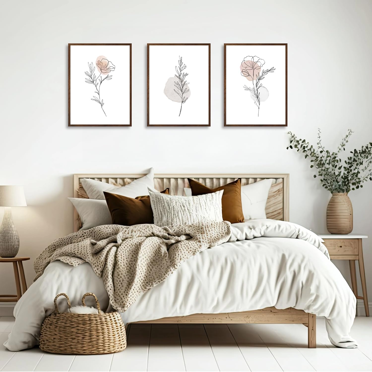 Dazzlewall Neutral Botanical Wall Art Set of 3 - Minimalist Flower Abstract Prints, Boho Plant Paintings, Floral Line Art Decor - 12x16 Inch Unframed - Perfect for Bedroom, Living Room & Office Decor