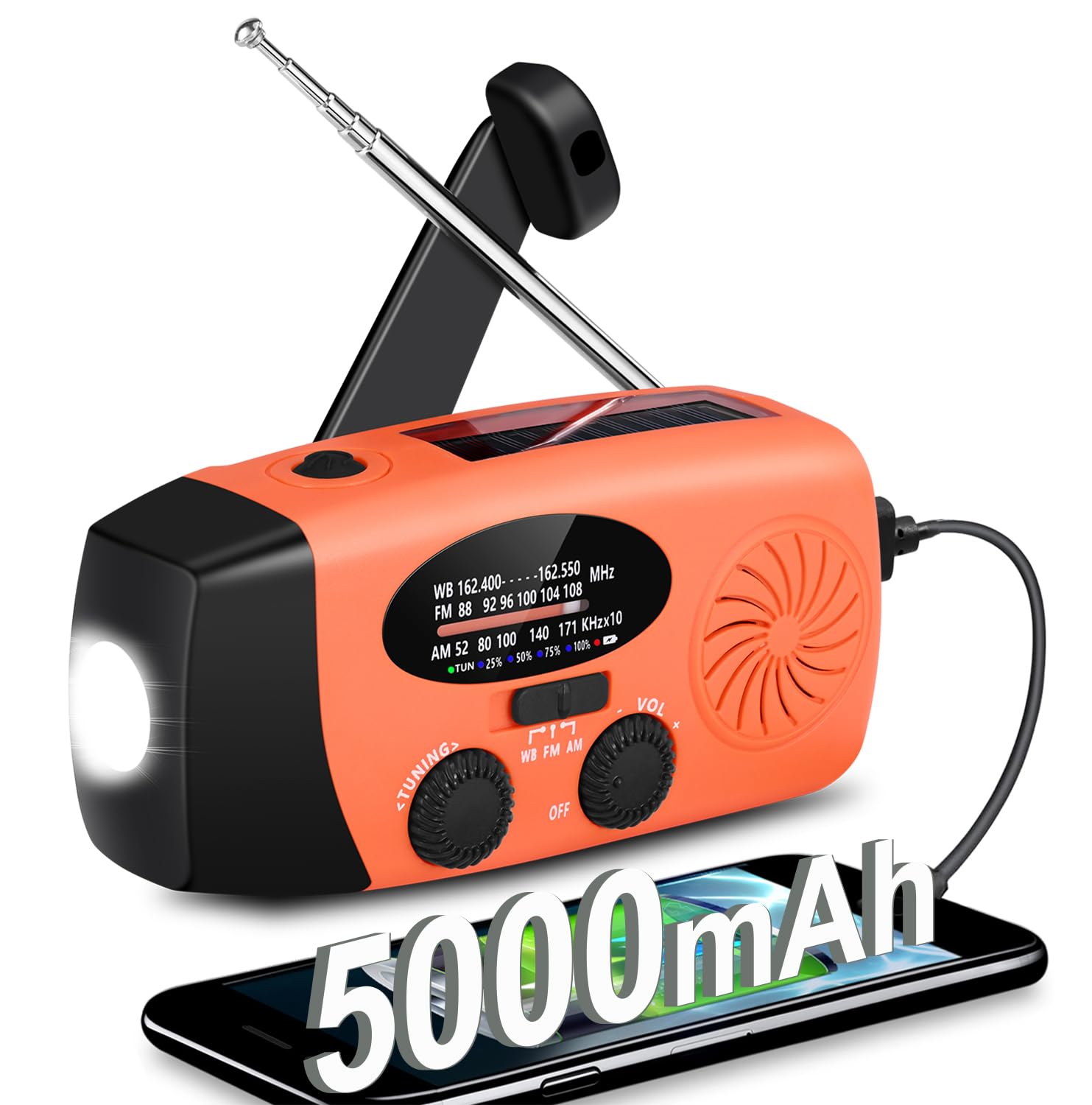 5000mAh NOAA Emergency Weather Radio - Solar & Hand Crank Powered AM/FM Radio with SOS Alarm, LED Flashlight, Phone Charger & Headphone Jack (Orange) - Perfect for Outdoor Adventures, Camping, Hiking & Emergency Preparedness