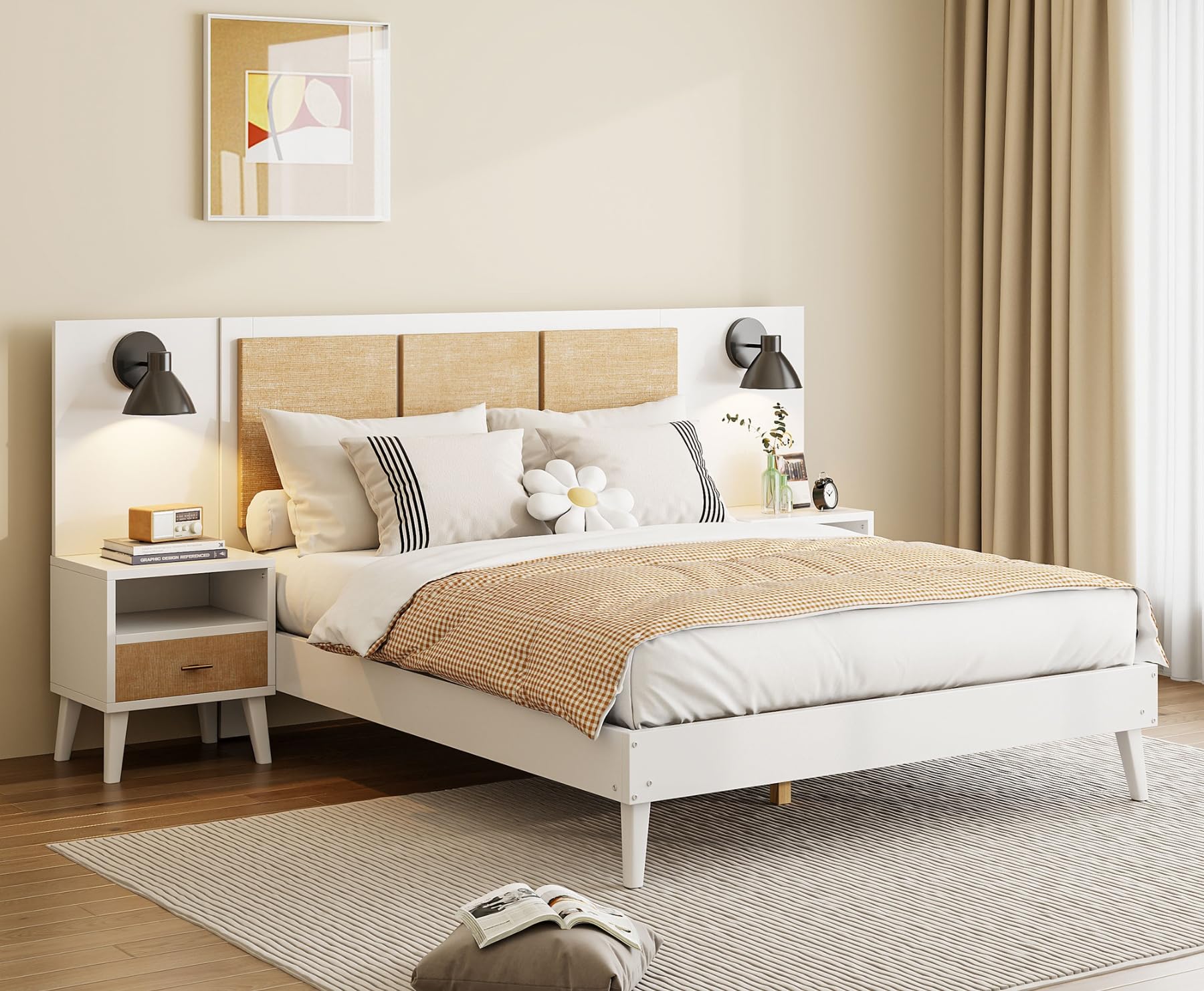 Merax Queen Size Bed Frame with 2 Nightstands & Headboard - Solid Wood & Rattan Platform Bed with Storage Drawers, No Box Spring Needed (White) - Perfect for Modern Bedroom, Guest Room or Small Space