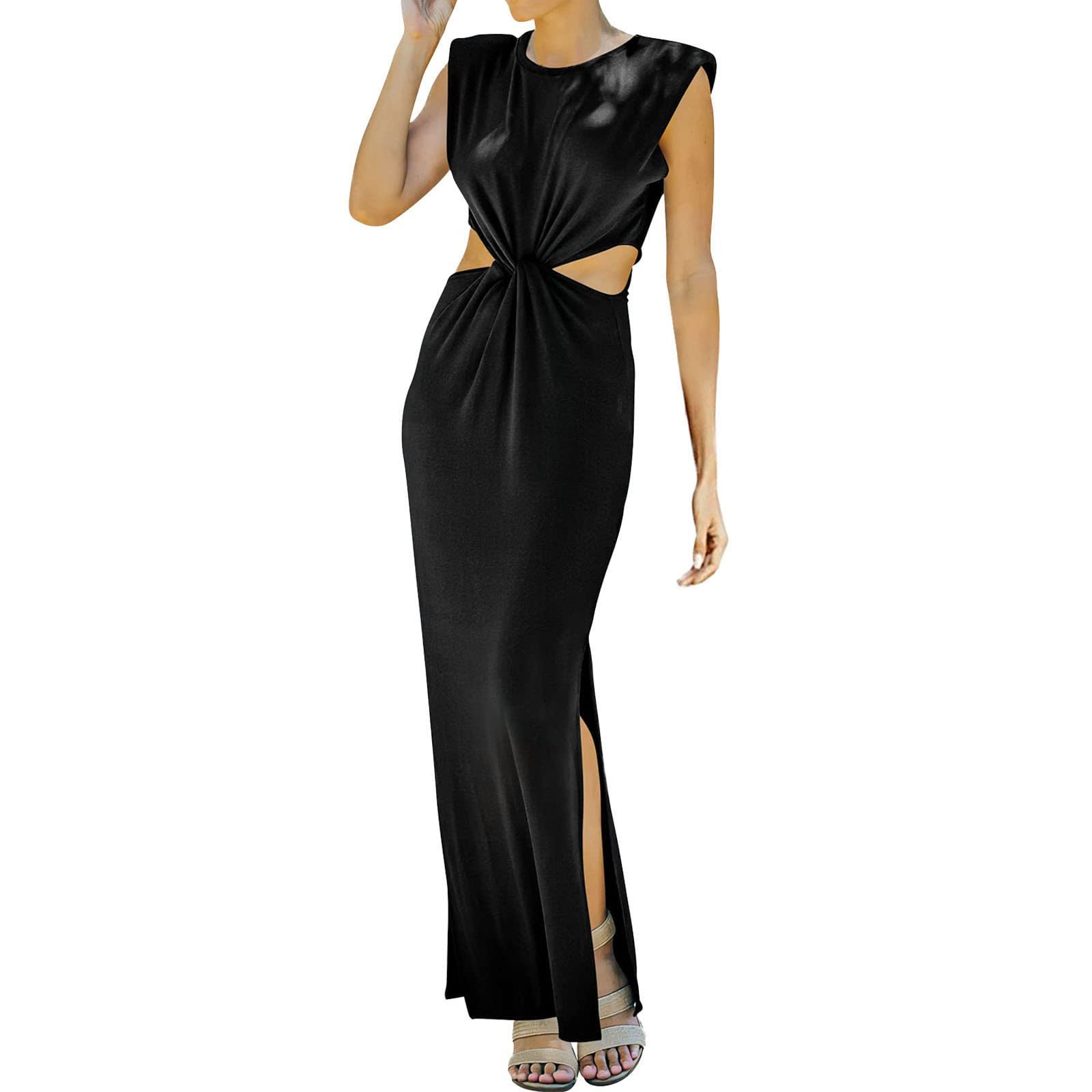 Vifucz Women's Summer Sexy Round Neck Slit Dress - Sleeveless Backless Solid Formal Gown for Wedding Guest, Cocktail Party & Evening Events