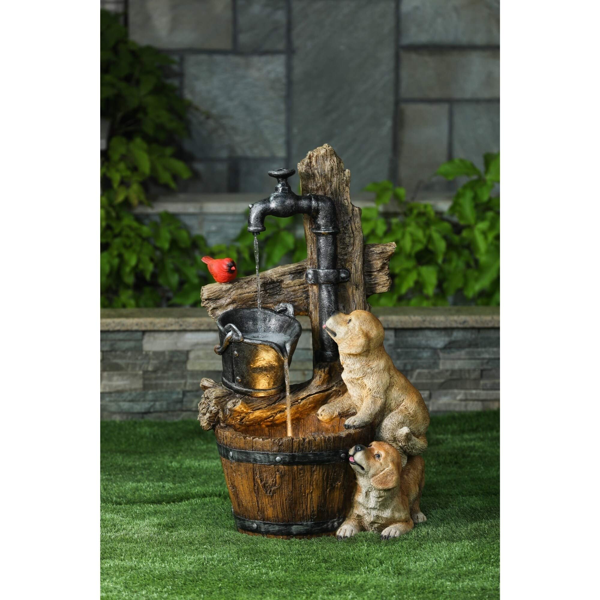 Resin Puppies and Water Pump Outdoor Patio Fountain with LED Light - Multi-Color Traditional Polyresin Decorative Garden Fountain for Backyard, Lawn, and Patio Decor