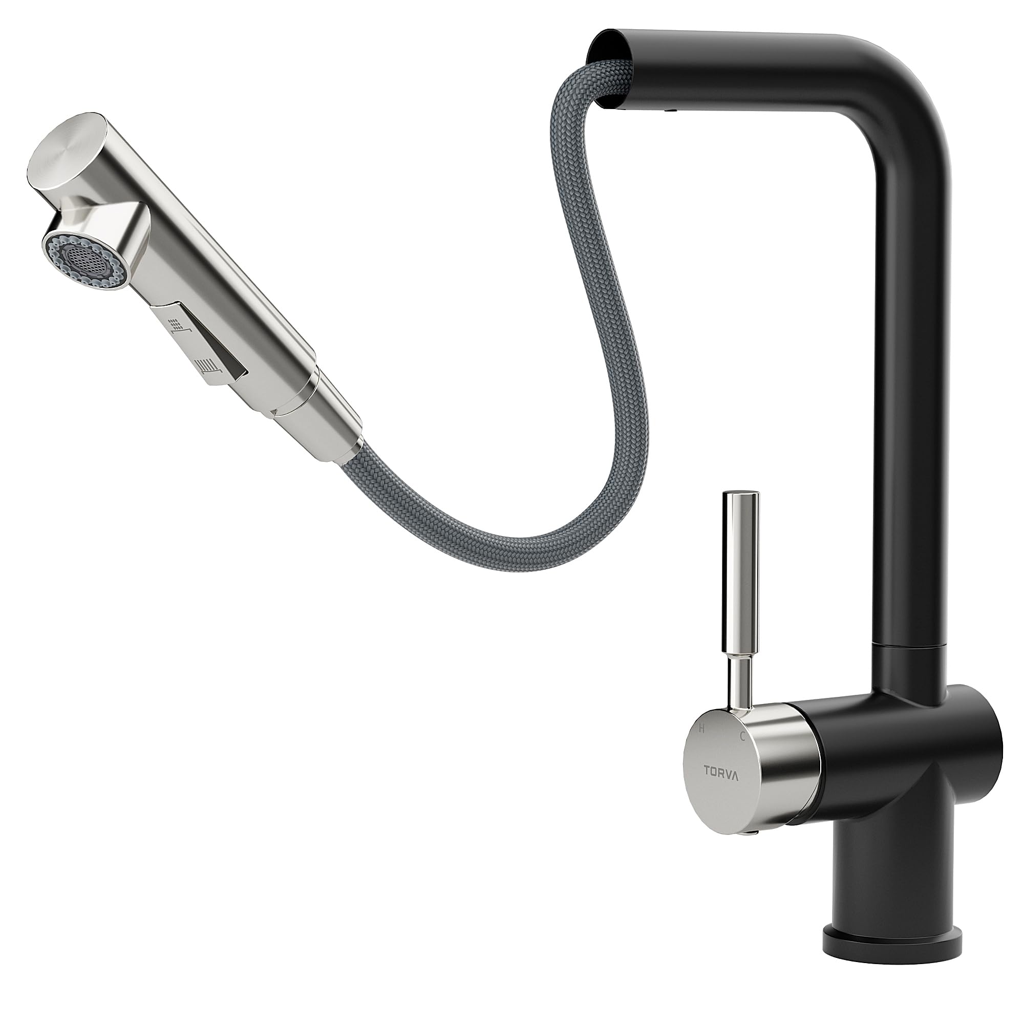 TORVA Stainless Steel Pull Down Kitchen Faucet with Pull Out Sprayer - Single Handle Deck Plate in Matte Black & Chrome | Modern Sink Faucet for Home & Commercial Kitchens