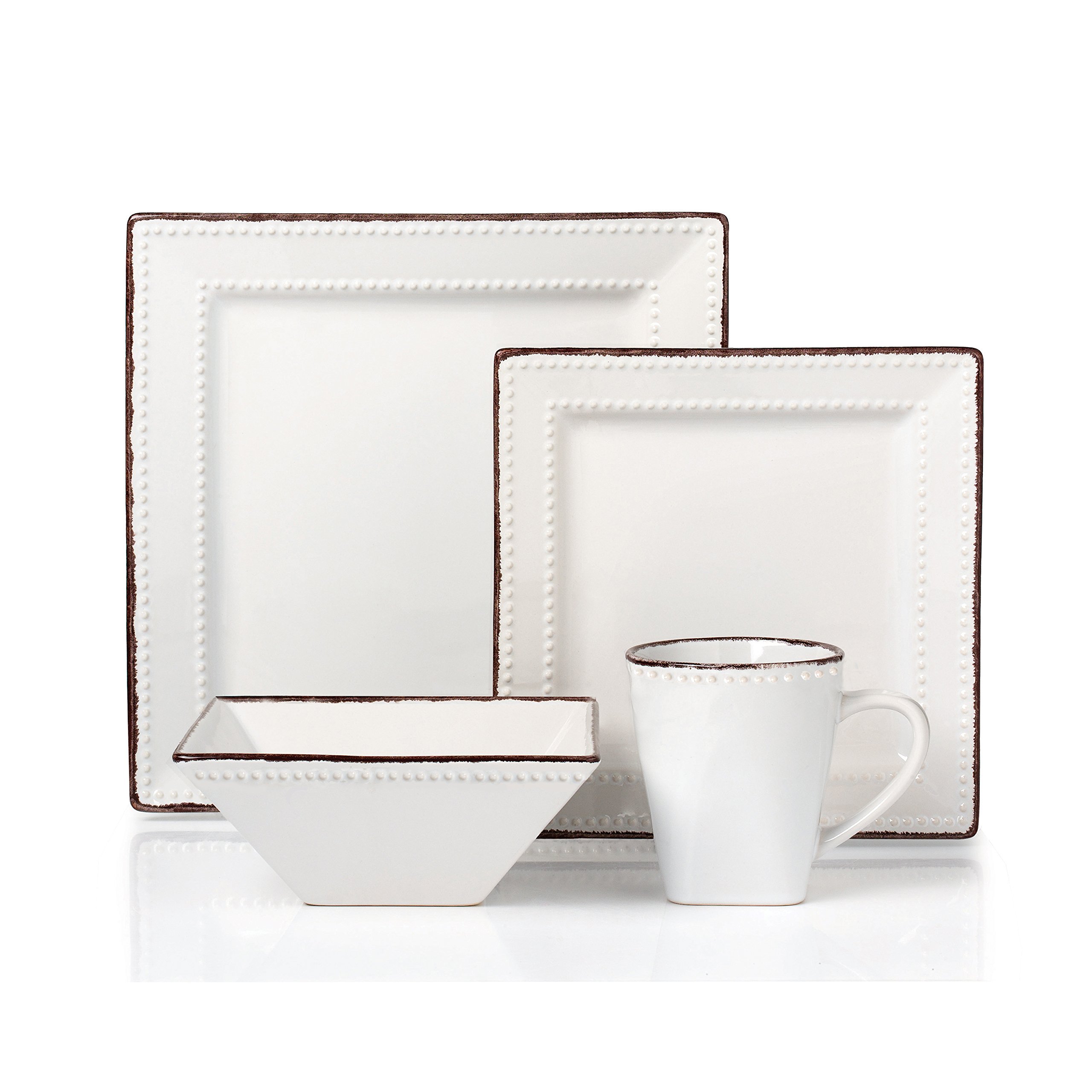 16-Piece Square Beaded Stoneware Dinnerware Set - Elegant White Square Plates & Bowls for Dinner Parties, Weddings & Special Events - Durable Stoneware Dish Set for Hosting, Entertaining & Family Gatherings