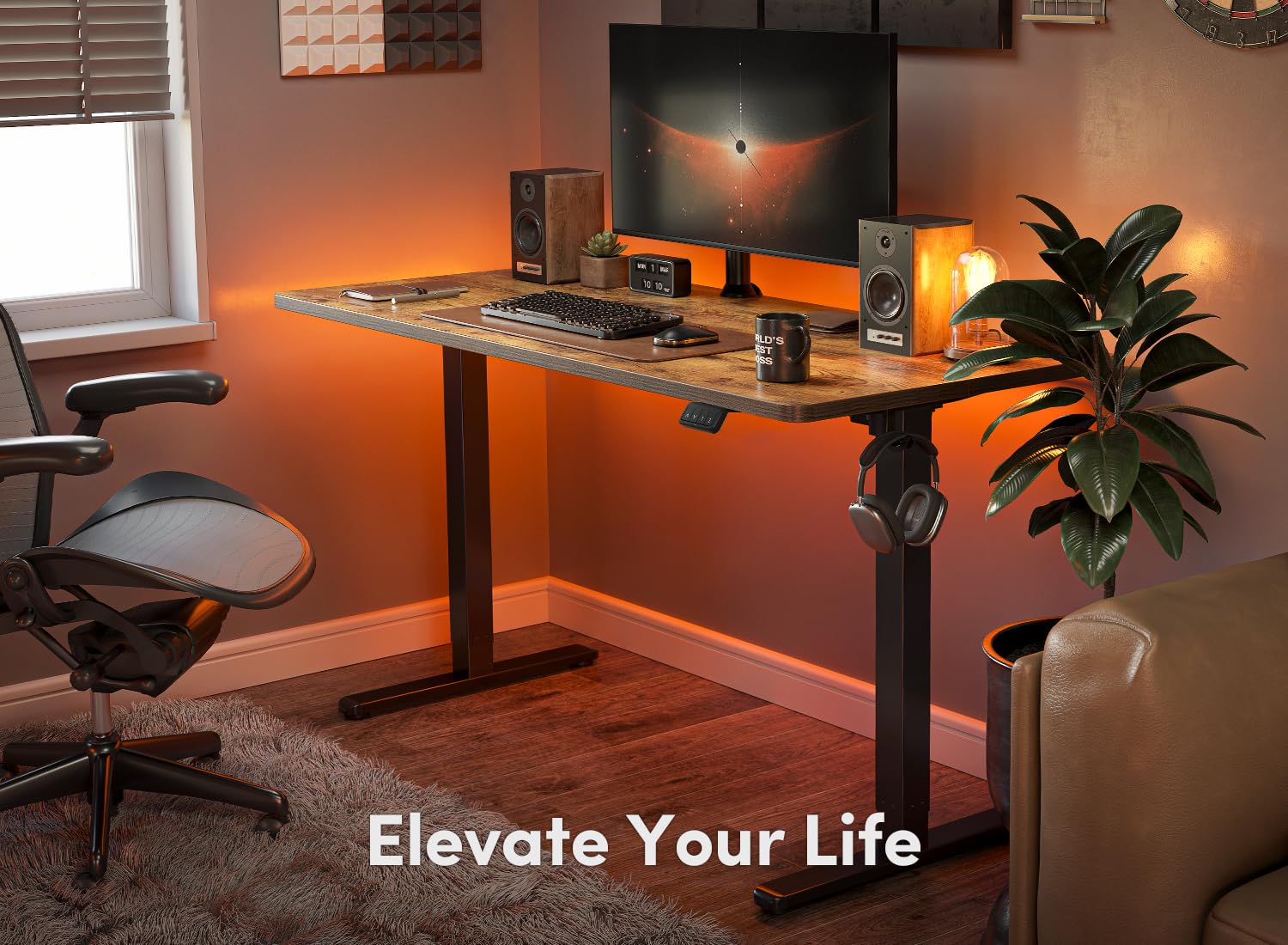 FEZIBO Electric Standing Desk 48 x 24 Inches, Height Adjustable Sit Stand Desk with Splice Board - Black Frame & Rustic Brown Top for Home Office, Gaming, and Workspace Ergonomics