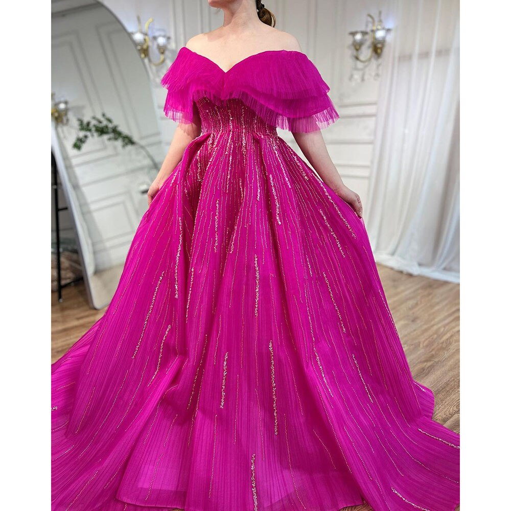 Serene Hill Fuchsia A-Line Luxury Evening Gown with Boat Neck & Beaded Details - Women's Formal Party Dress for Prom, Gala & Special Occasions
