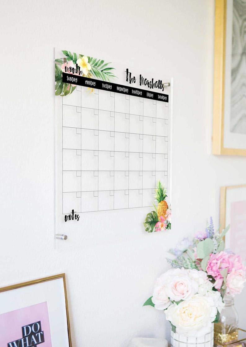 Clear Acrylic Wall Calendar - Dry Erase Monthly Planner with Tropical Design for Home Office & Family Command Center | Perfect for Scheduling, Reminders & Wall Decor