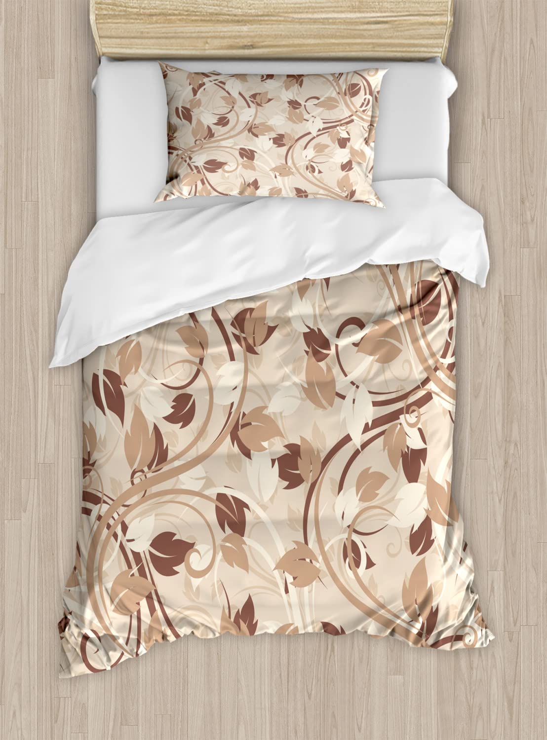 Ambesonne Ivory Duvet Cover Set - Autumn Leaves Design in Faded Earth Tones, Twin Size 2-Piece Bedding Set with 2 Pillowcases, Cream Umber Cocoa | Cozy Fall Bedroom Decor for Romantic Autumn Nights