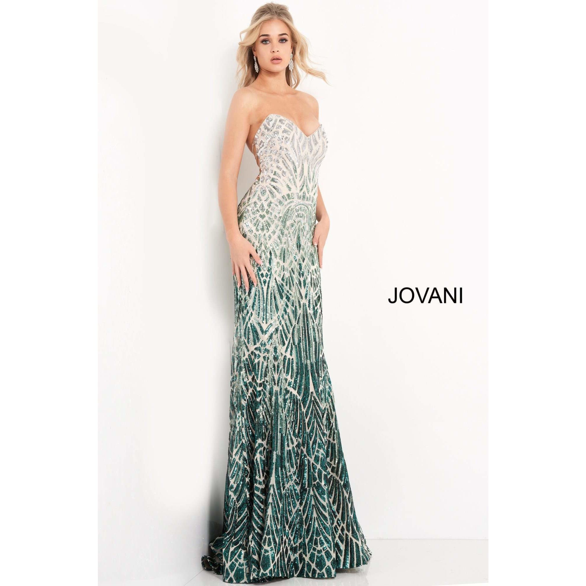 Jovani 06459 Silver Green Embellished Strapless Prom Dress - Elegant Evening Gown for Homecoming, Formal Dances & Special Occasions