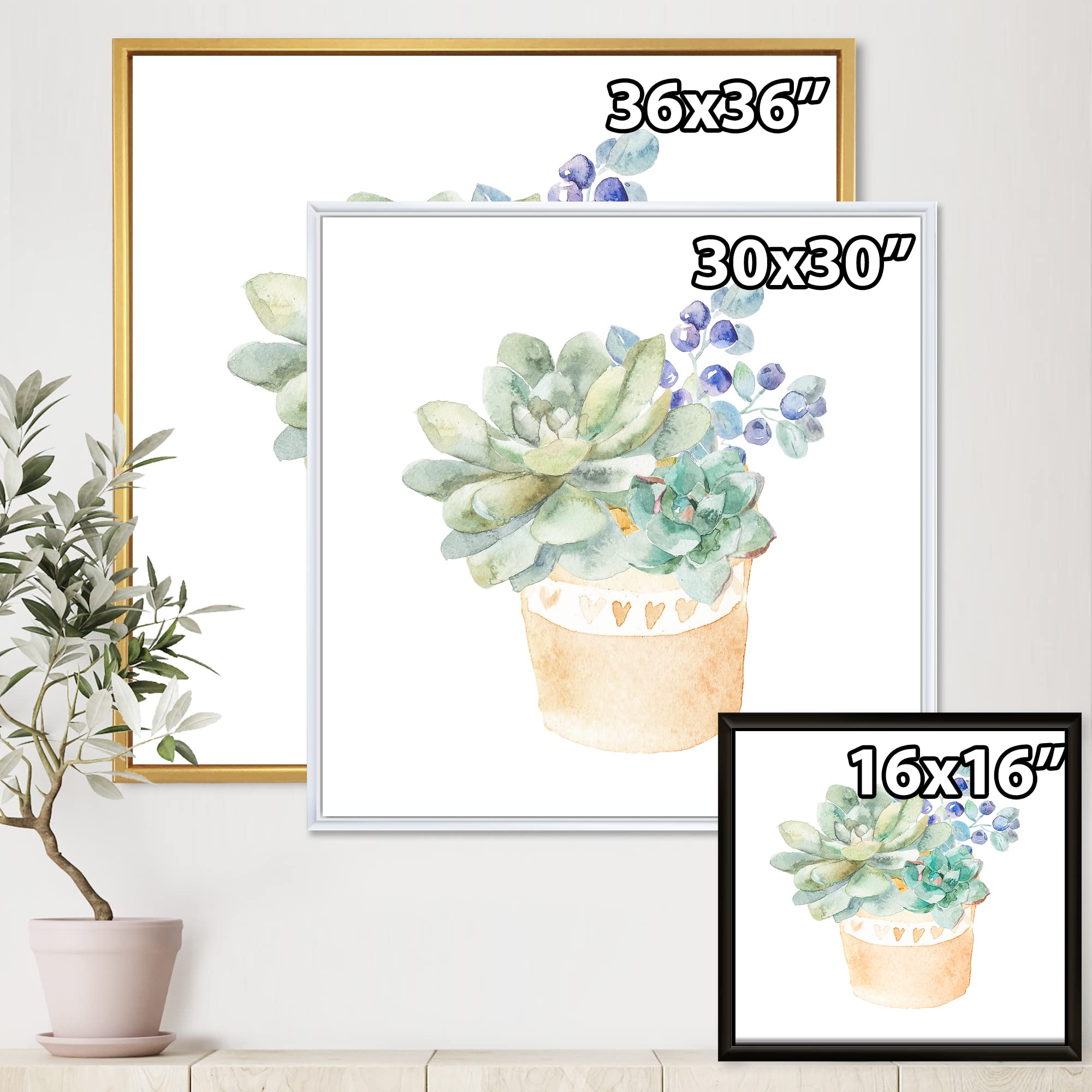 DesignQ Succulent Flower In Terracotta Pot II - Traditional Framed Canvas Wall Art Print for Home & Office Decor | Perfect for Living Room, Bedroom, or Gift