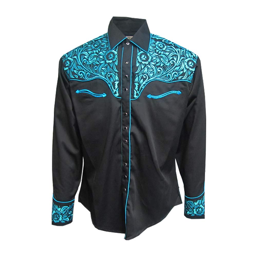 Men's Black & Turquoise Western Tooled Cowboy Shirt - Vintage Style Snap Button Work Shirt for Rodeo, Country Music Festivals & Western Fashion