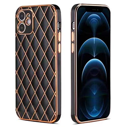 Elegant Electroplated Leather Case for iPhone 11 Pro Max - Slim Soft Lambskin Cover with Diamond Lattice Design, Non-Slip Grip Protective Phone Case for Women & Girls (Black) | Perfect for Daily Use, Office, and Special Occasions