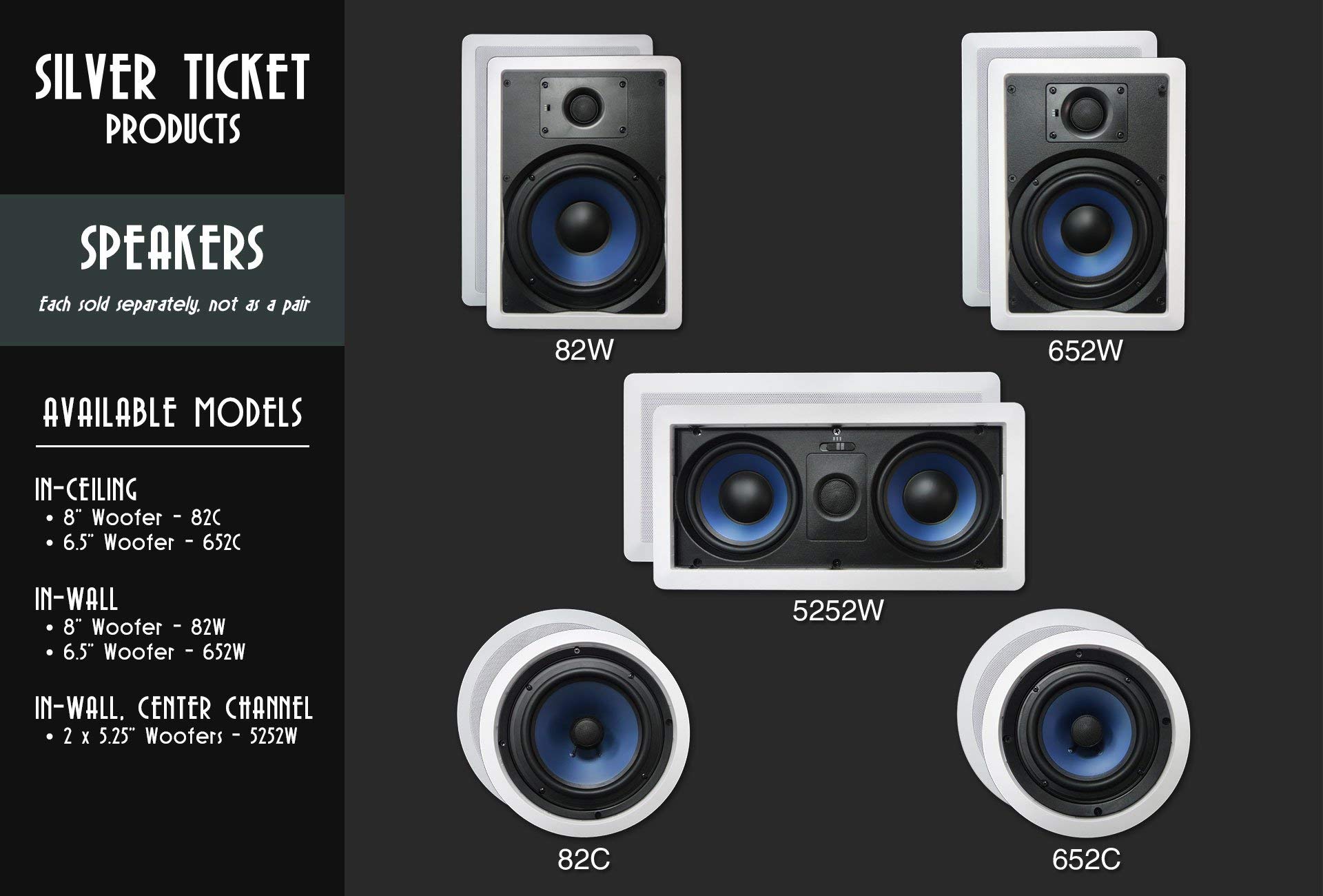 Silver Ticket 7.1 Channel Home Theater Speaker System Bundle - 3 In-Wall (Center, Left, Right) & 4 In-Ceiling Surround Sound Speakers for Immersive Movie Nights & Music Listening