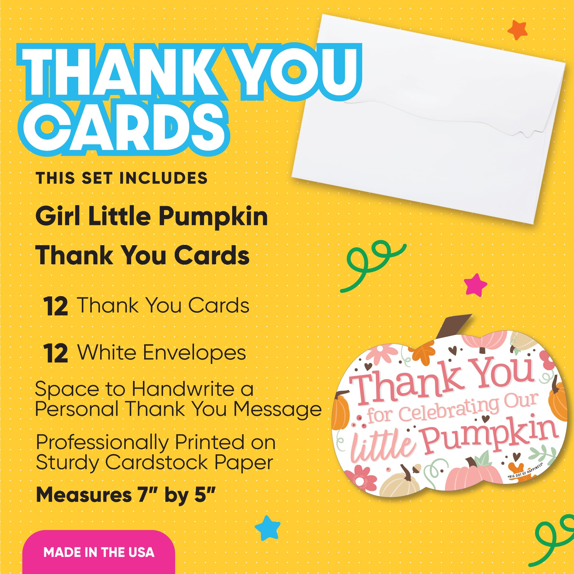 Big Dot of Happiness Little Pumpkin-Shaped Thank You Cards - Set of 12 with Envelopes for Fall Birthday Party, Baby Shower, Thanksgiving & Autumn Celebrations - Cute Girl-Themed Gratitude Notes