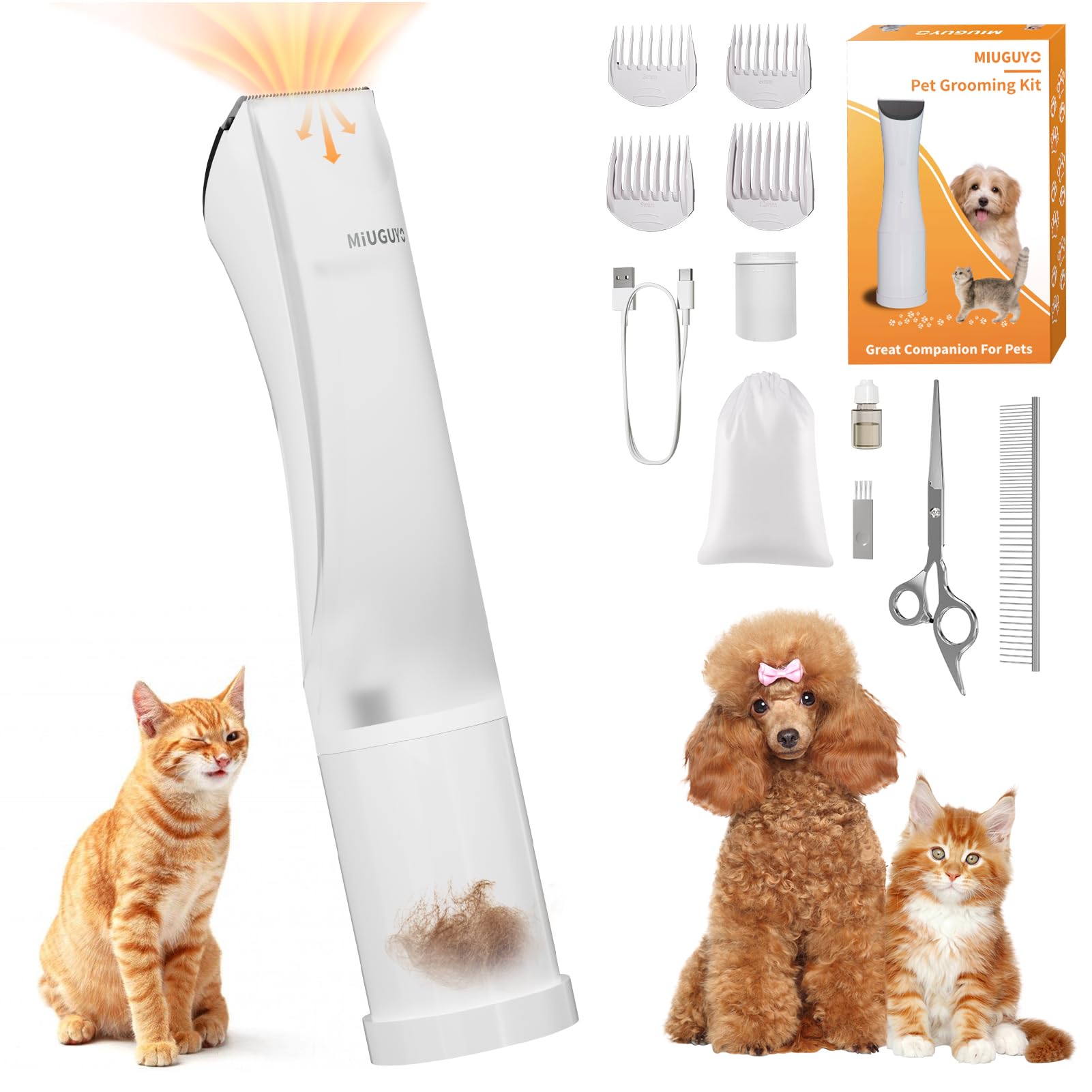 2-in-1 Dog Clipper & Hair Vacuum - Low Noise Rechargeable Cordless Pet Grooming Kit with Comb Guides & Scissors - Professional Dog & Cat Hair Trimmer with Hair Suction - Perfect for Home Grooming & Christmas Gifts