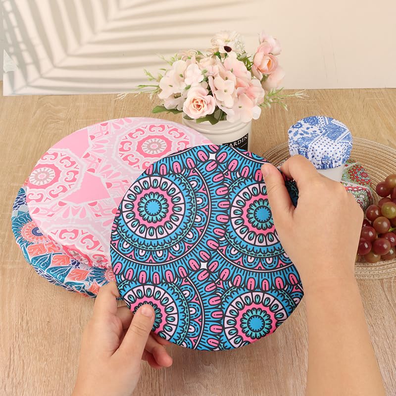 10Pcs Reusable Stretch Bowl Covers - 5 Sizes Elastic Food Covers for Kitchen Storage, Leftovers, Fruits, Bread Dough Proofing (Bohemian Style) | Eco-Friendly Dish Lids for Meal Prep & Food Preservation