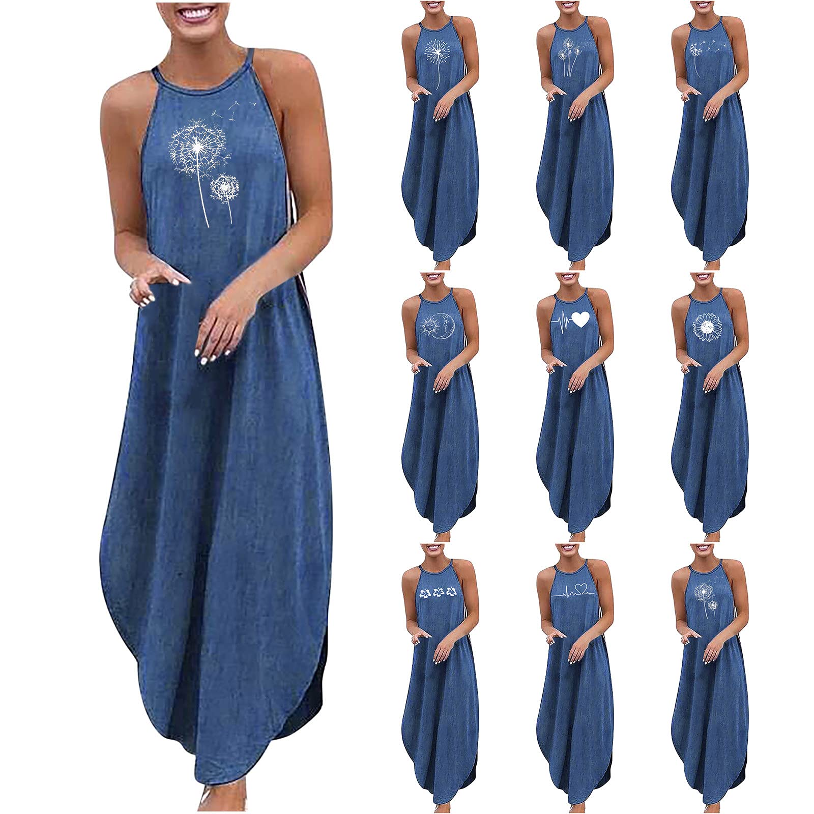 LADIGASU Women's Casual Loose Print Sleeveless Maxi Dress - Summer Beach Party Dress, Blue, Small | Perfect for Vacation, Outdoor Events & Boho Style Fashion