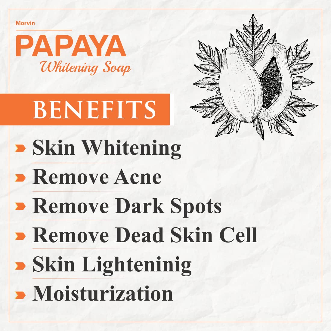 Morvin Papaya Soap Bar for Dark Spots & Acne - Enriched with Papaya Extract & Shea Butter (75g, 6-Pack) - Brightening Face & Body Cleanser for Glowing Skin | Perfect for Daily Skincare Routine & Acne-Prone Skin