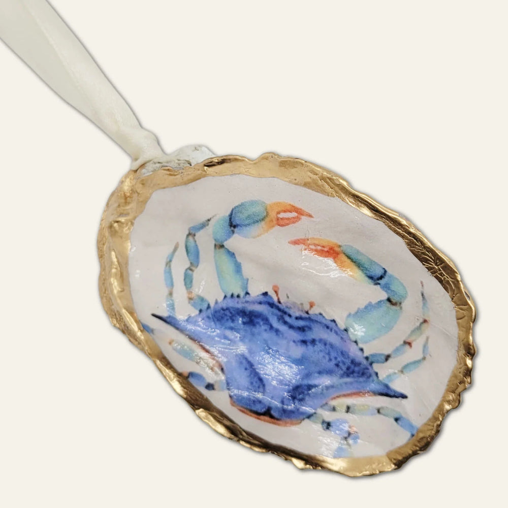 Blue Crab Oyster Shell Ornament - Handmade Coastal Decor for Beach House, Bathroom, or Garden | Unique Seashell Wall Hanging for Nautical Theme Home Decor