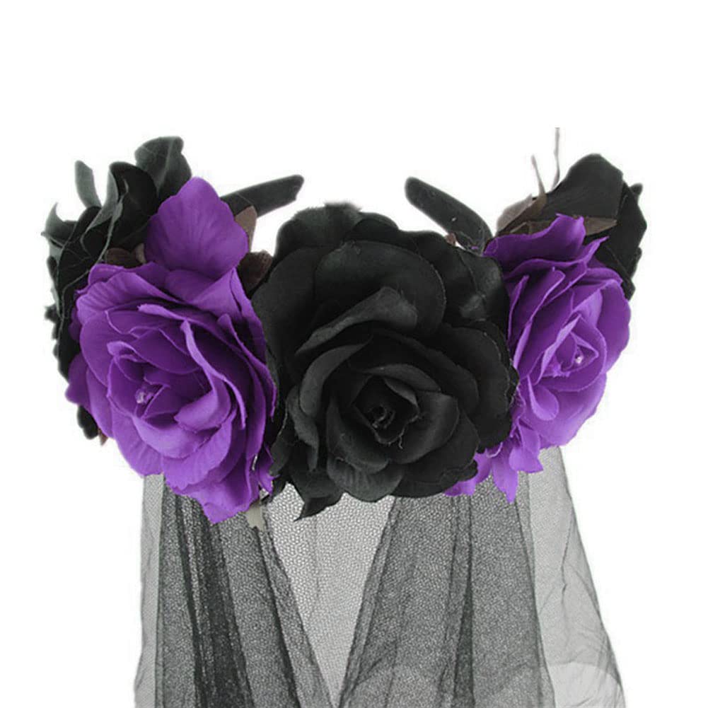 Day of The Dead Veil Headbands - Black Halloween Rose Flower Headpiece for Costume & Party Accessories | Perfect for Dia de los Muertos, Halloween, Cosplay, and Themed Events