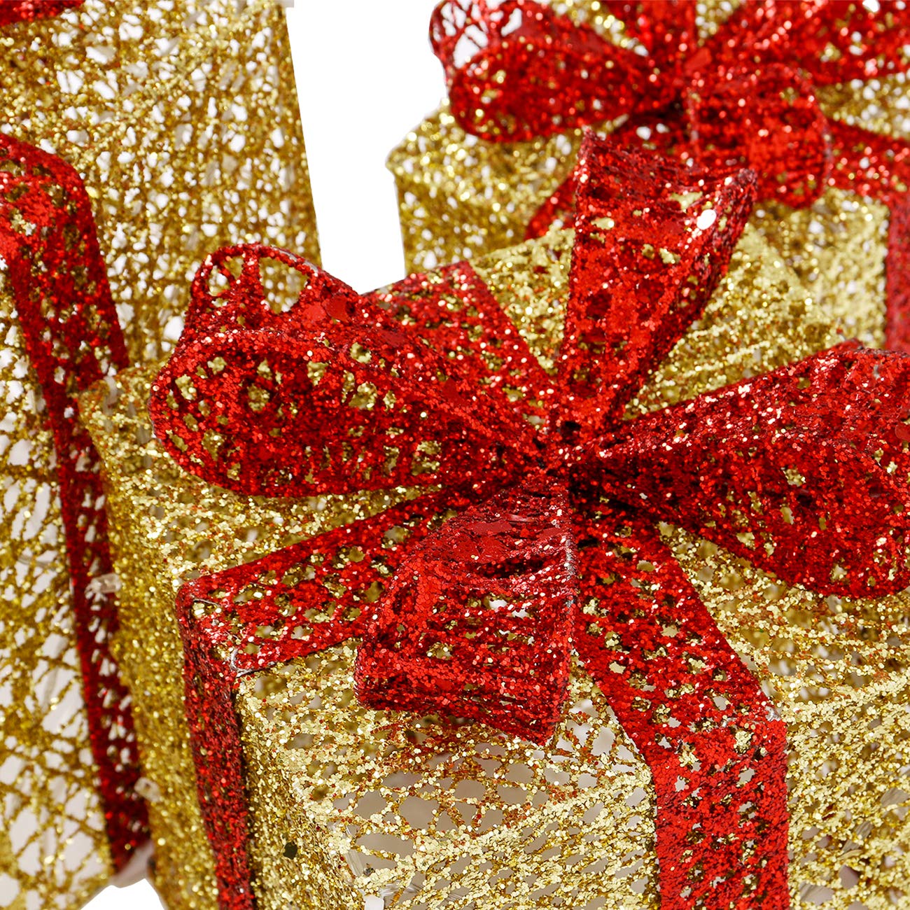 Sunnyglade 3-Piece Christmas Lighted Gift Box Set with Bows - Gold Holiday Decor for Home & Weddings