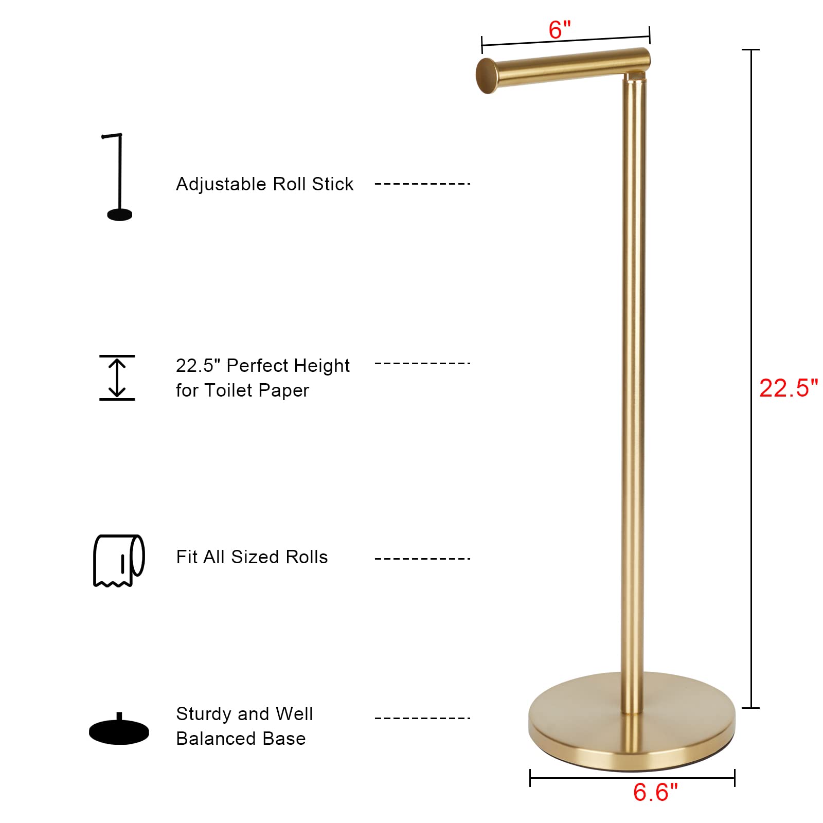 Stainless Steel Free Standing Toilet Paper Holder Stand - Gold Bathroom Tissue Roll Pedestal for Modern & Luxury Home Decor
