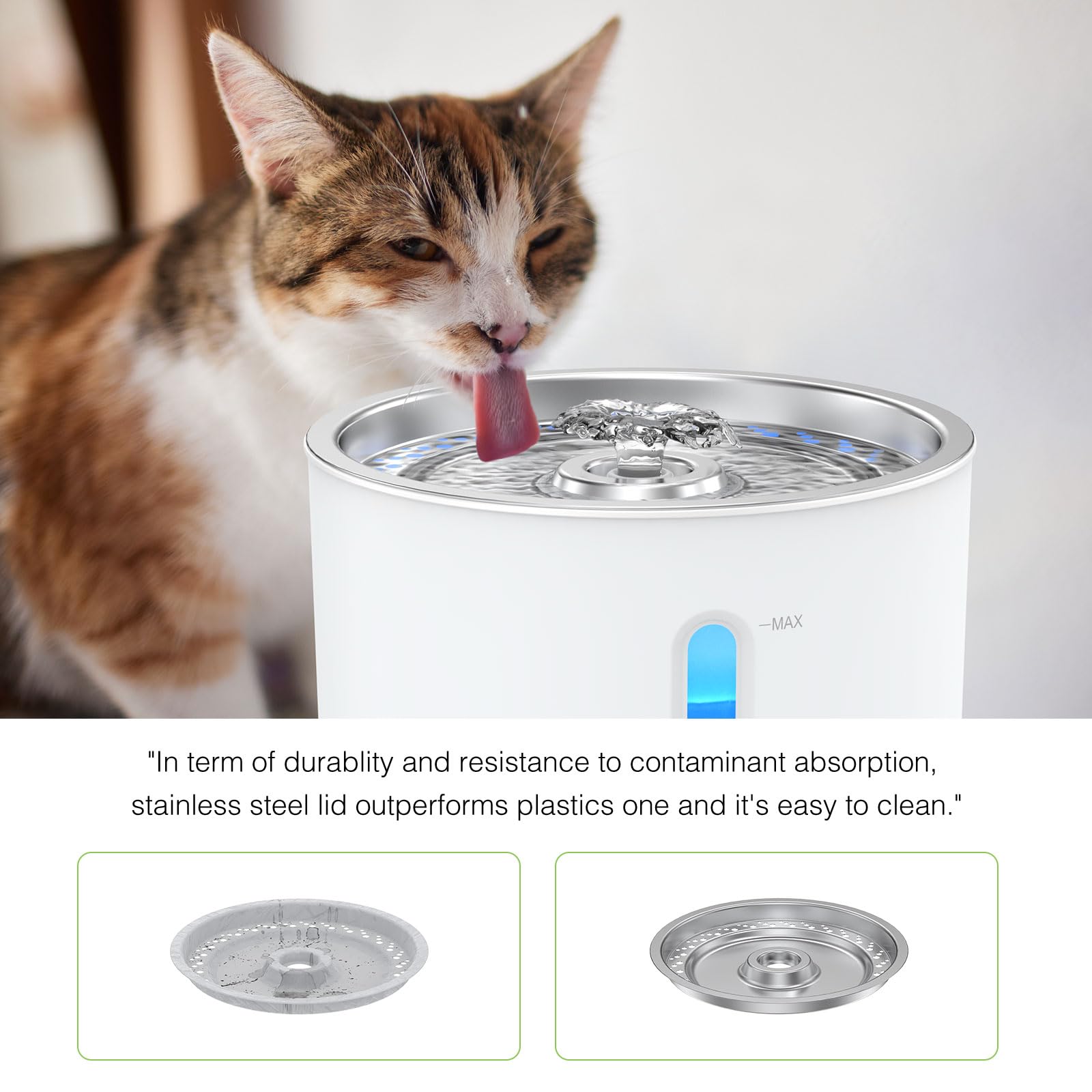 Stainless Steel Cat Water Fountain 2.4L - LED Pet Fountain with Water Level Window for Small Dogs & Cats | Quiet Automatic Water Dispenser for Home, Office, or Bedroom Use