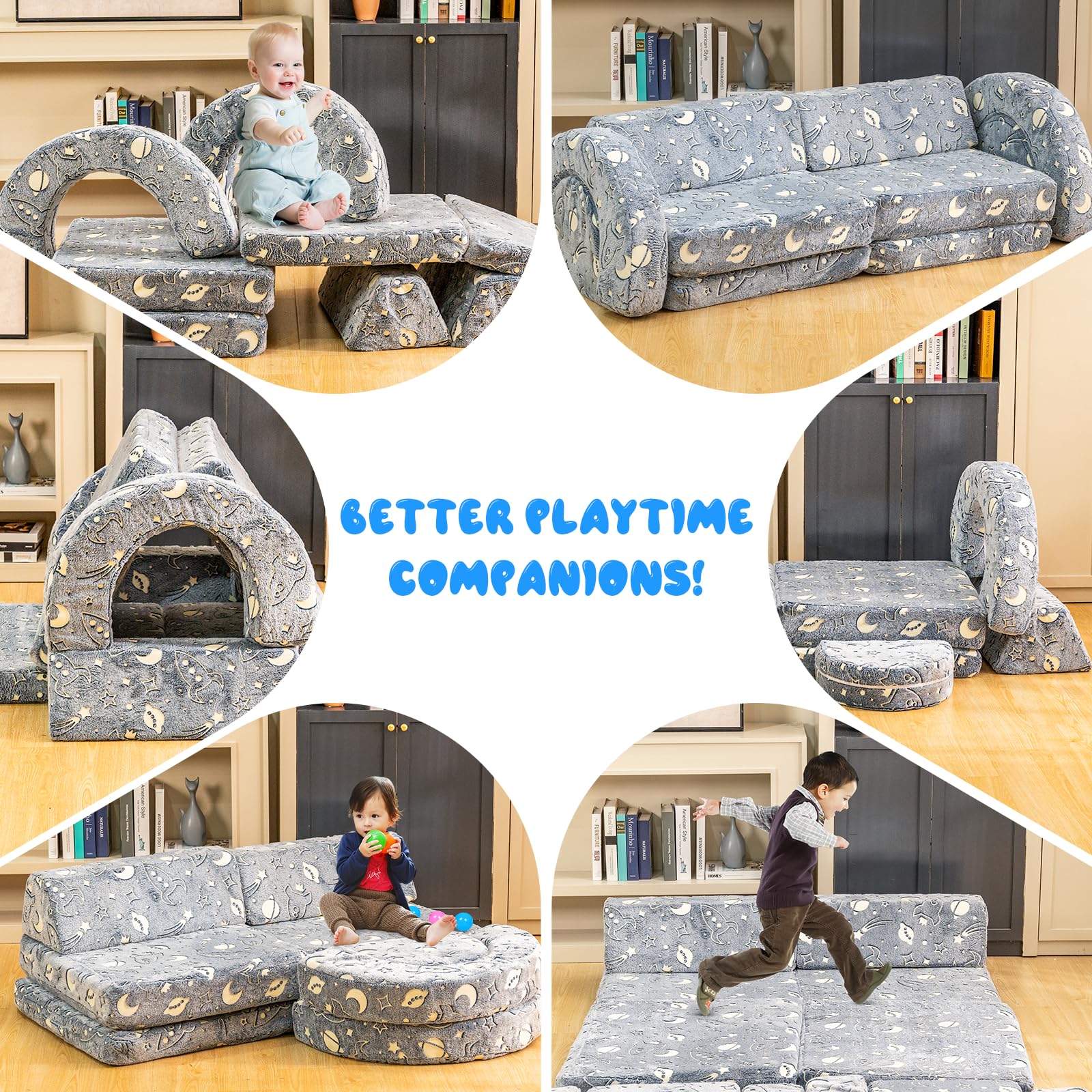 10Pcs Modular Kids Play Couch with Glow - Convertible Play Fort Sofa for Toddlers | Instant Rebound 28D Foam | Playroom & Bedroom Furniture | Gray & Space Theme | Perfect for Indoor Playtime, Sleepovers & Creative Fun