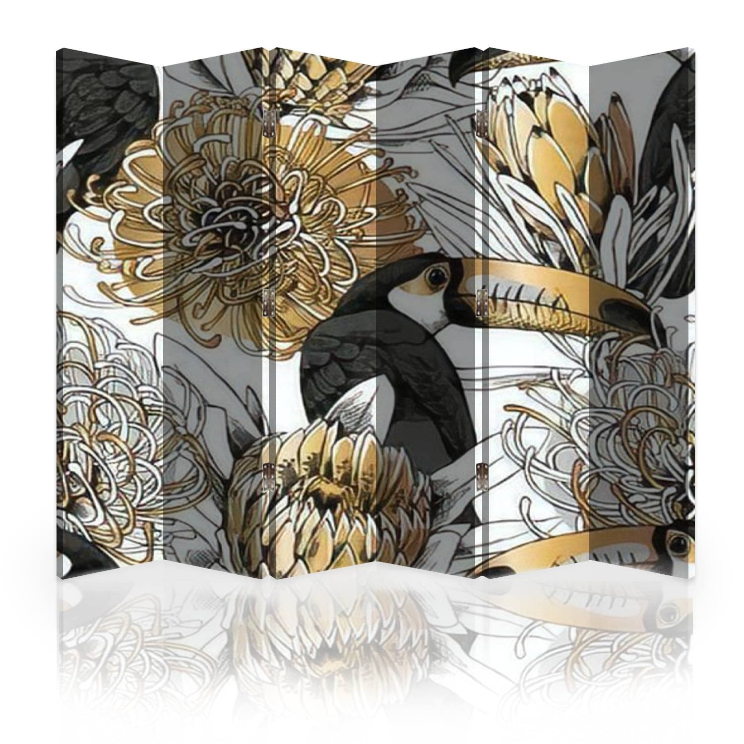Floral Toucan Canvas Room Divider Screen - 6 Panel Folding Privacy Partition with Gold & Silver Protea Design | Perfect for Home Office, Living Room, Bedroom Separation & Decoration