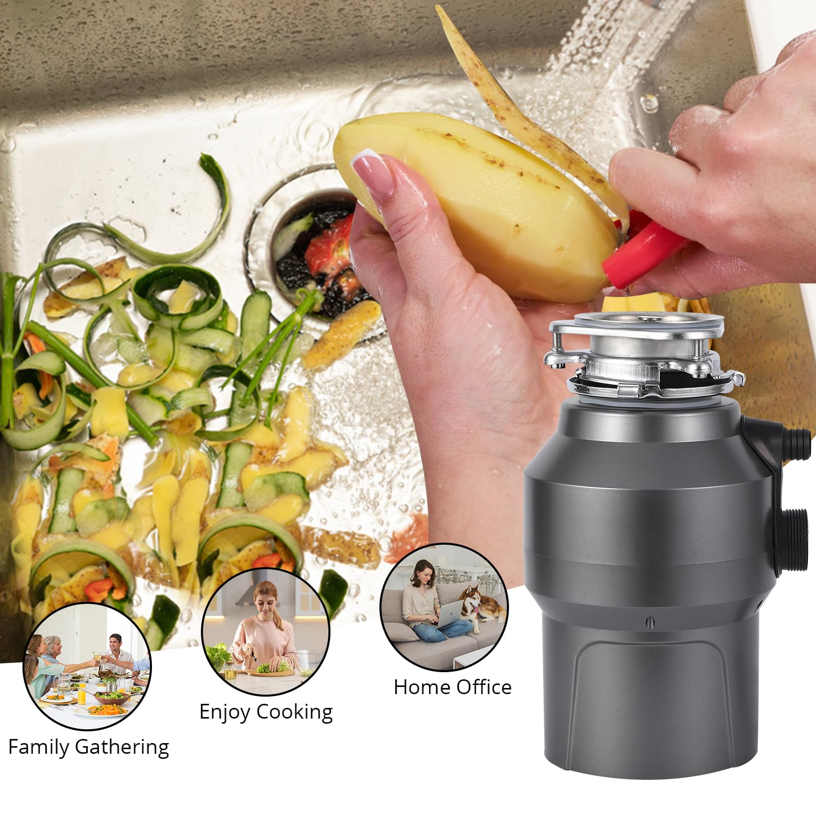 1/2 HP Continuous Feed Garbage Disposal with Air Switch - 380W 3500 RPM Food Waste Disposer - 14 Inch Power Cord - Ideal for Kitchen Sink Waste Management & Dish Cleaning