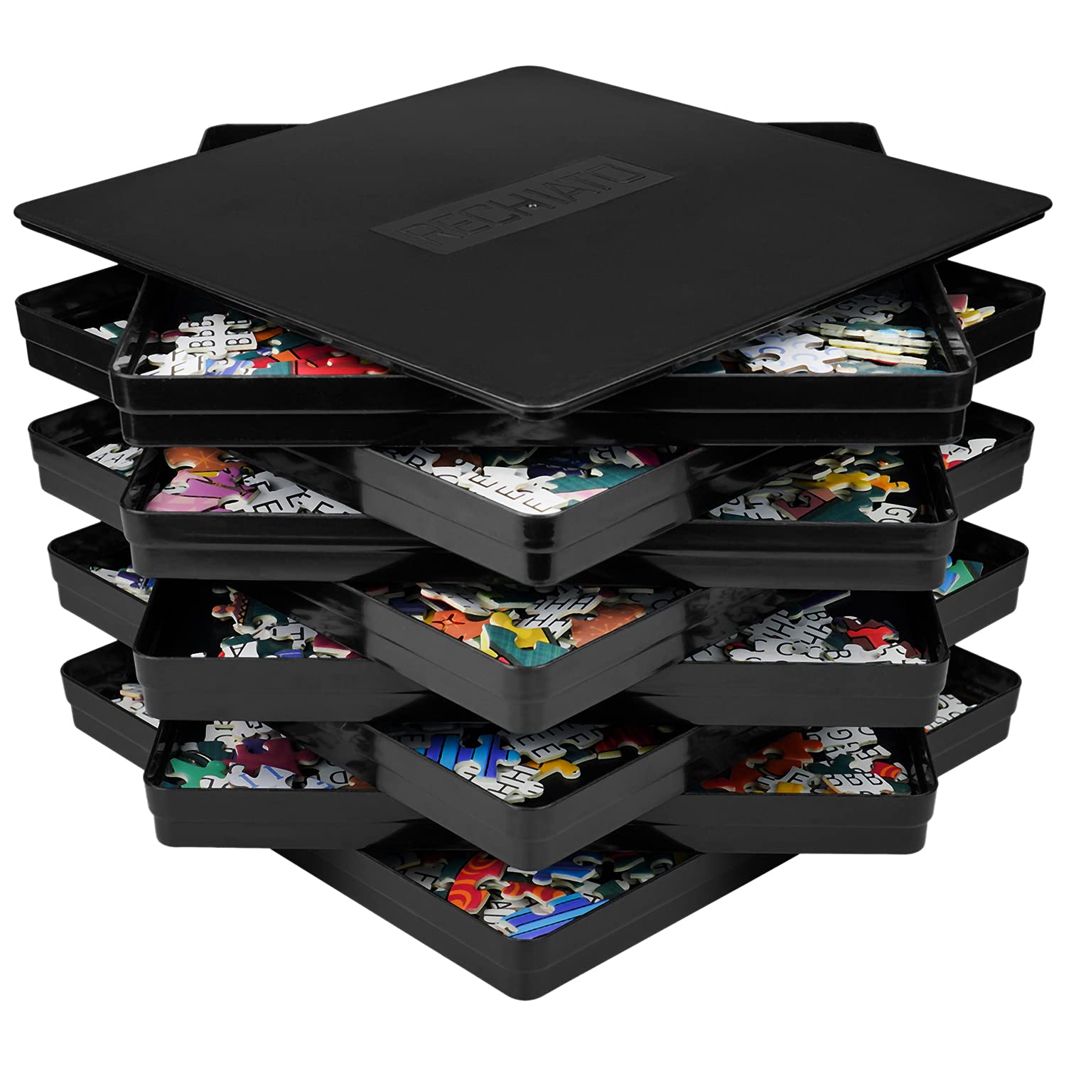 Premium 8x8 Puzzle Sorting Trays with Lid - Organizer for 1000-1500 Piece Jigsaw Puzzles | Durable Puzzle Storage Solution for Adults & Kids | Perfect for Game Nights, Travel & Home Organization (Black)