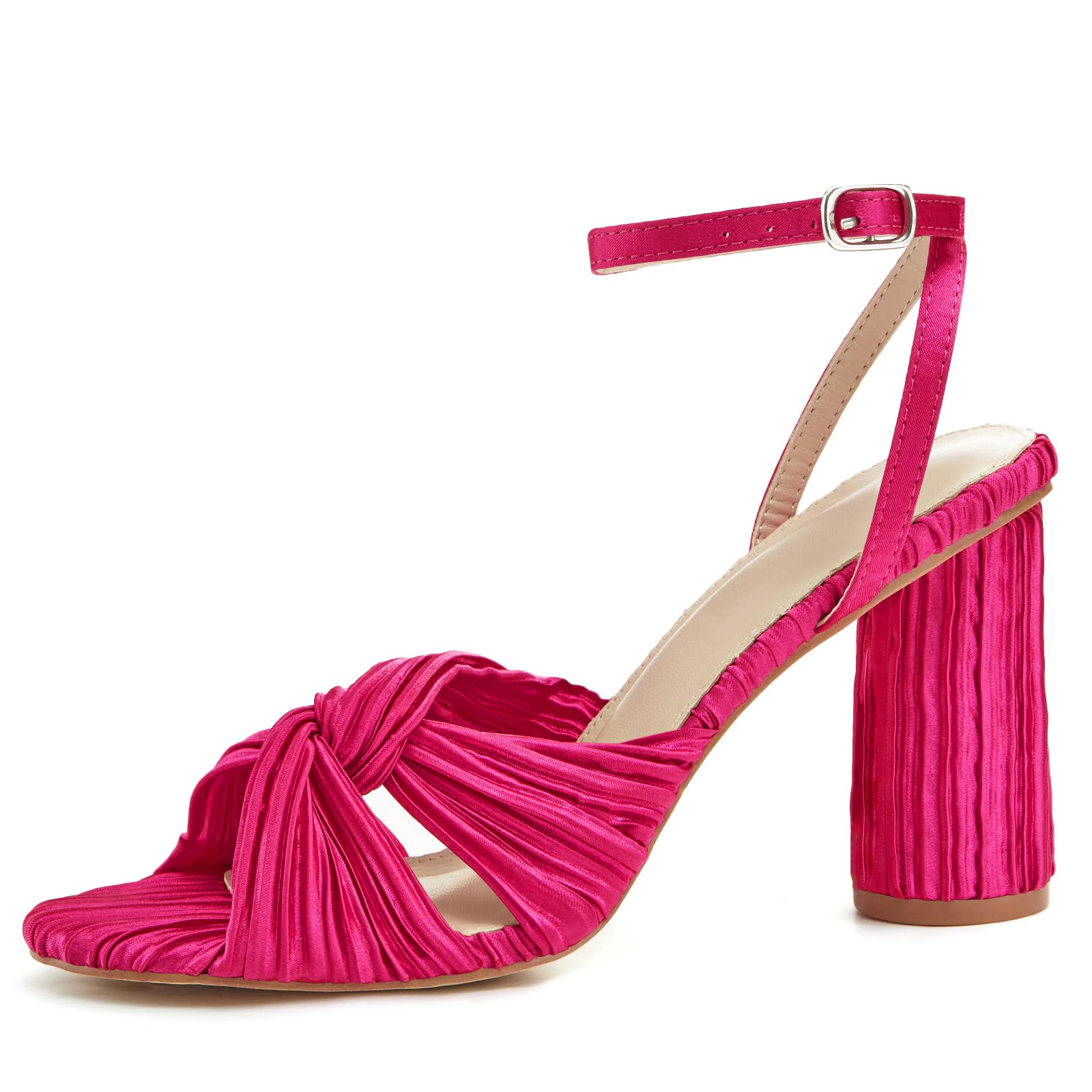 Jauoop Women's Pleated Bow Knot Heeled Sandals - Open Toe Ankle Strap Block Chunky Heel Slides for Wedding, Bridal Party, Prom & Evening Dress Shoes | Perfect for Bridesmaids, Formal Events & Special Occasions