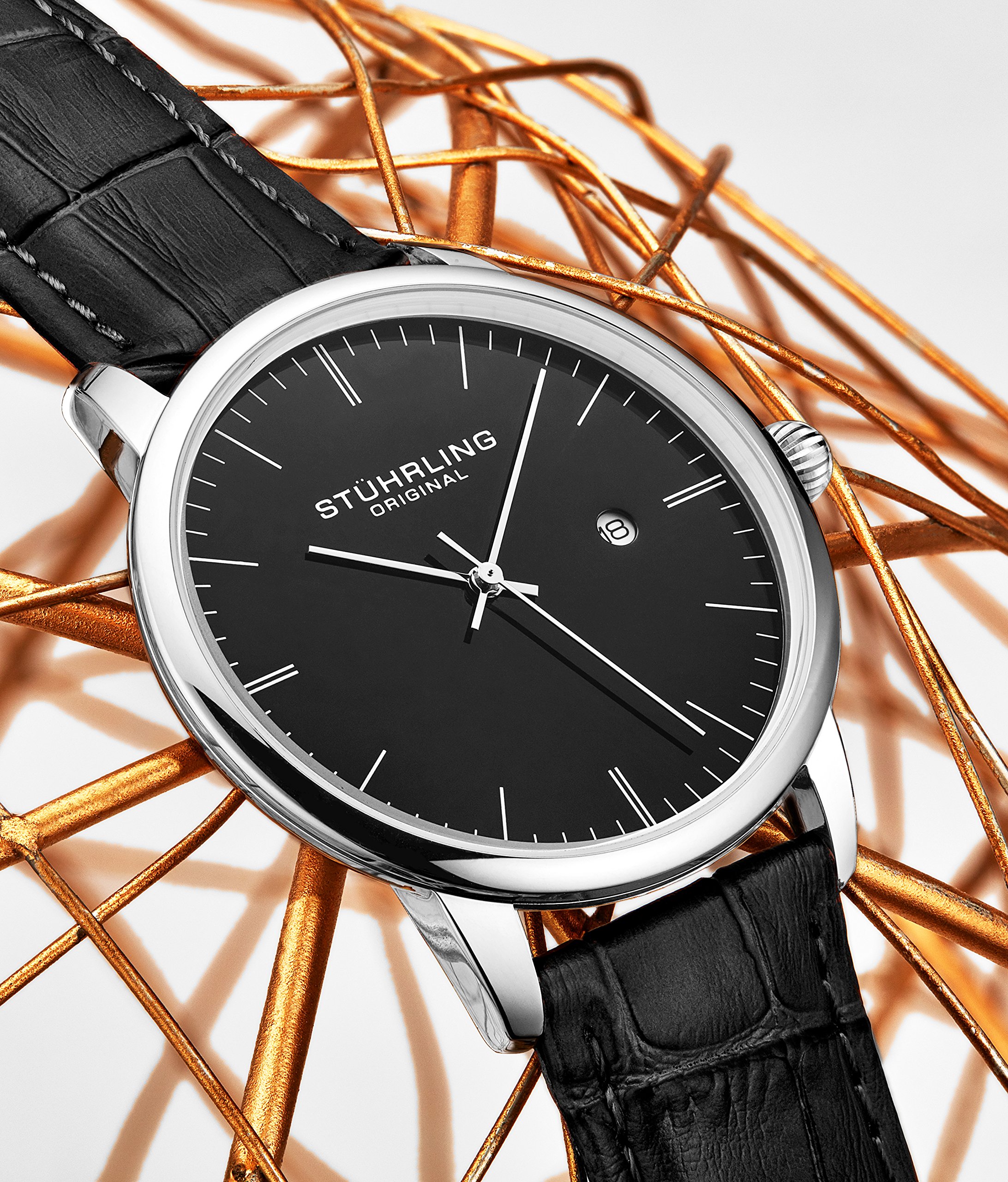 Stuhrling Original Men's Black Dress Watch - Classic Analog Watch with Date, Calfskin Leather Strap - Minimalist Wristwatch for Business, Formal Occasions & Everyday Wear