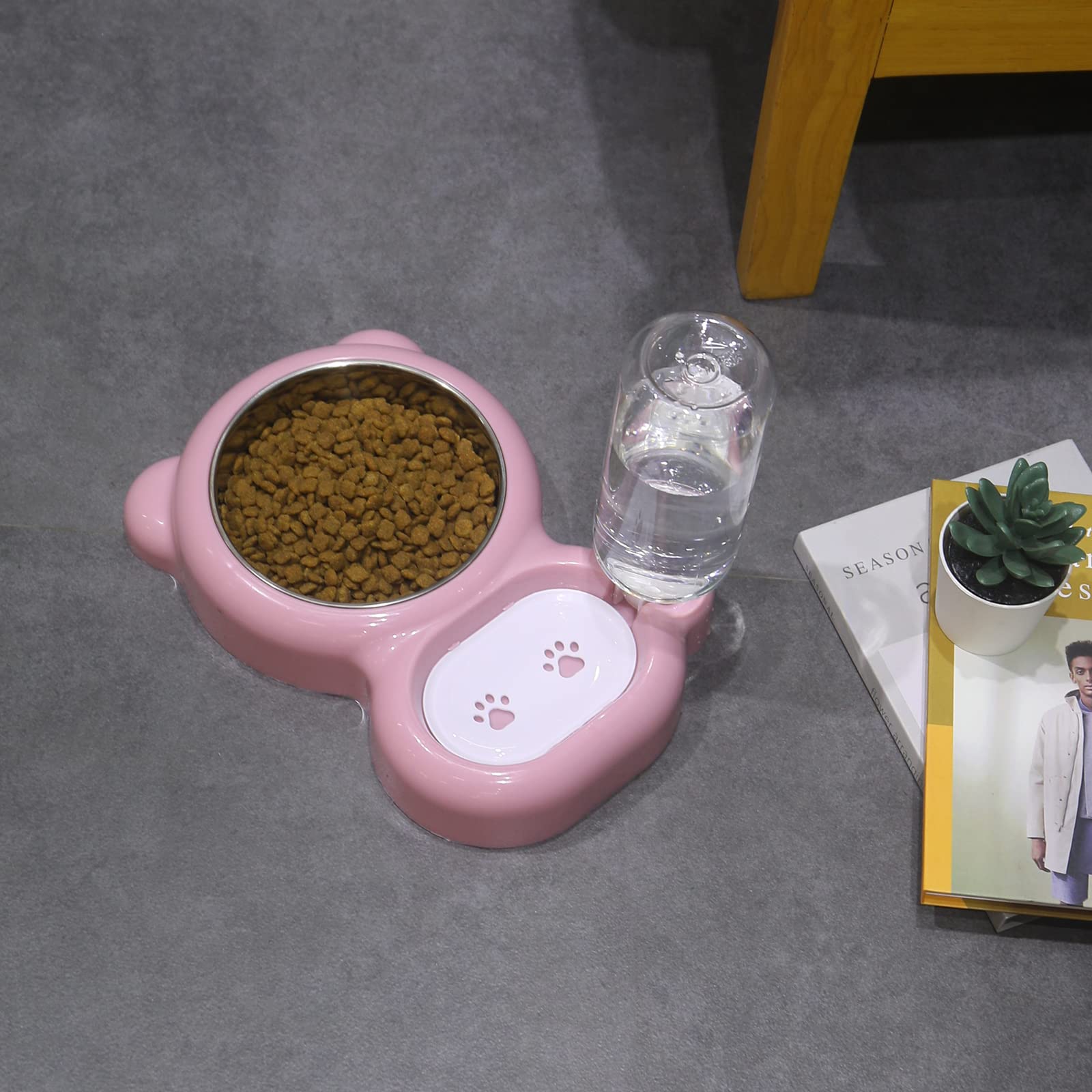 Stainless Steel Cat and Small Dog Bowls Set with Water Dispenser - Non-Slip Pet Food and Water Dishes for Indoor/Outdoor Use - Pink (Perfect for Home, Travel, and Outdoor Adventures)