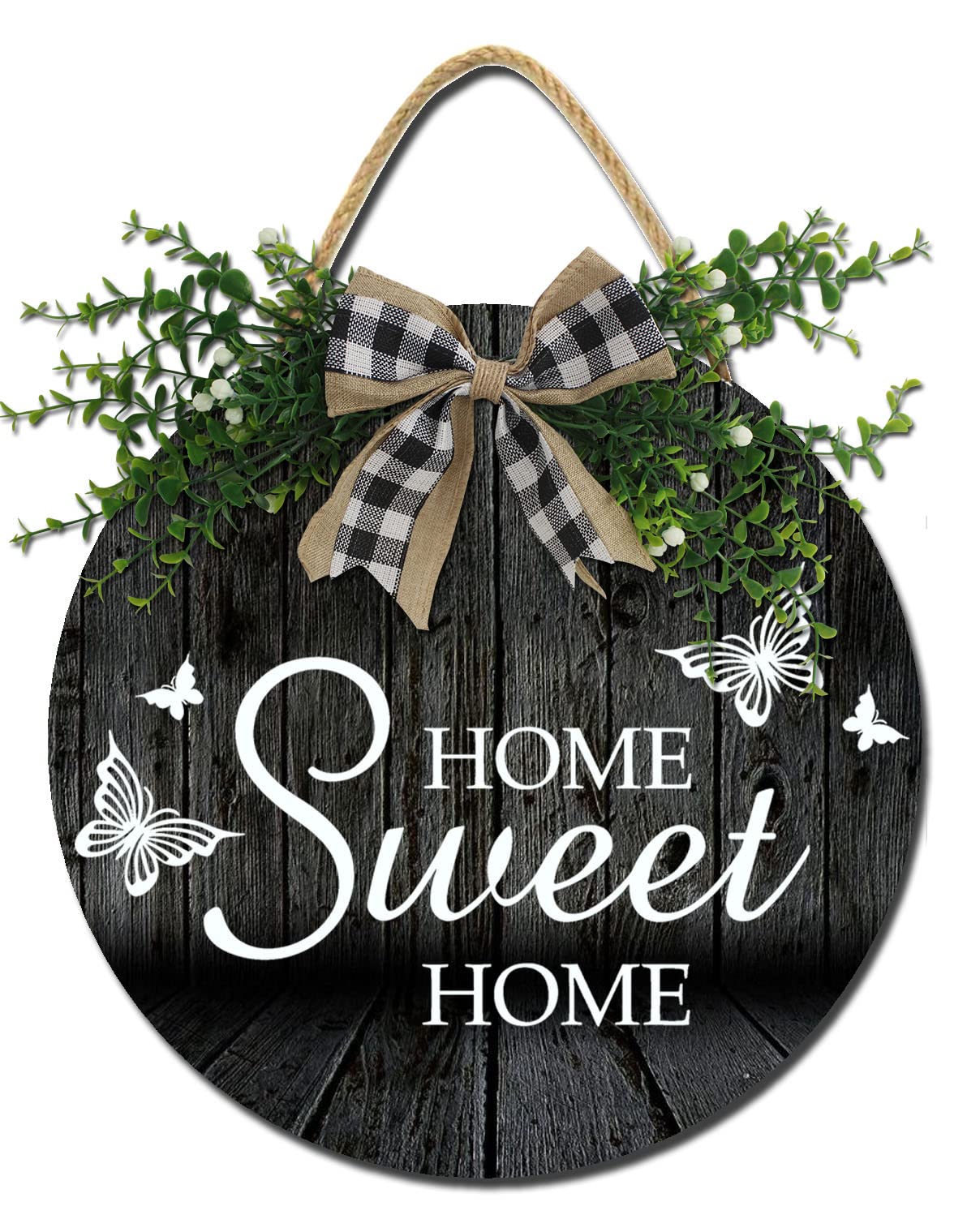 12 Inch Rustic Round Wooden Wreath - Farmhouse Front Door Sign with 'Home Sweet Home' Engraving - Perfect Housewarming Gift for New Home Decor & Cozy Farmhouse Style