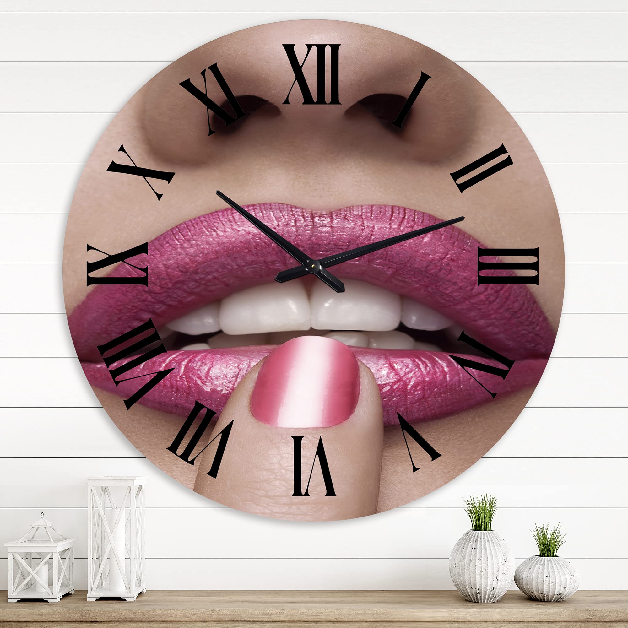 Stylish Pink Woman Lips with Finger on Mouth Modern Wall Clock - Large Decorative Wall Clock for Bedroom, Living Room & Office - Perfect Home Decor Gift Idea