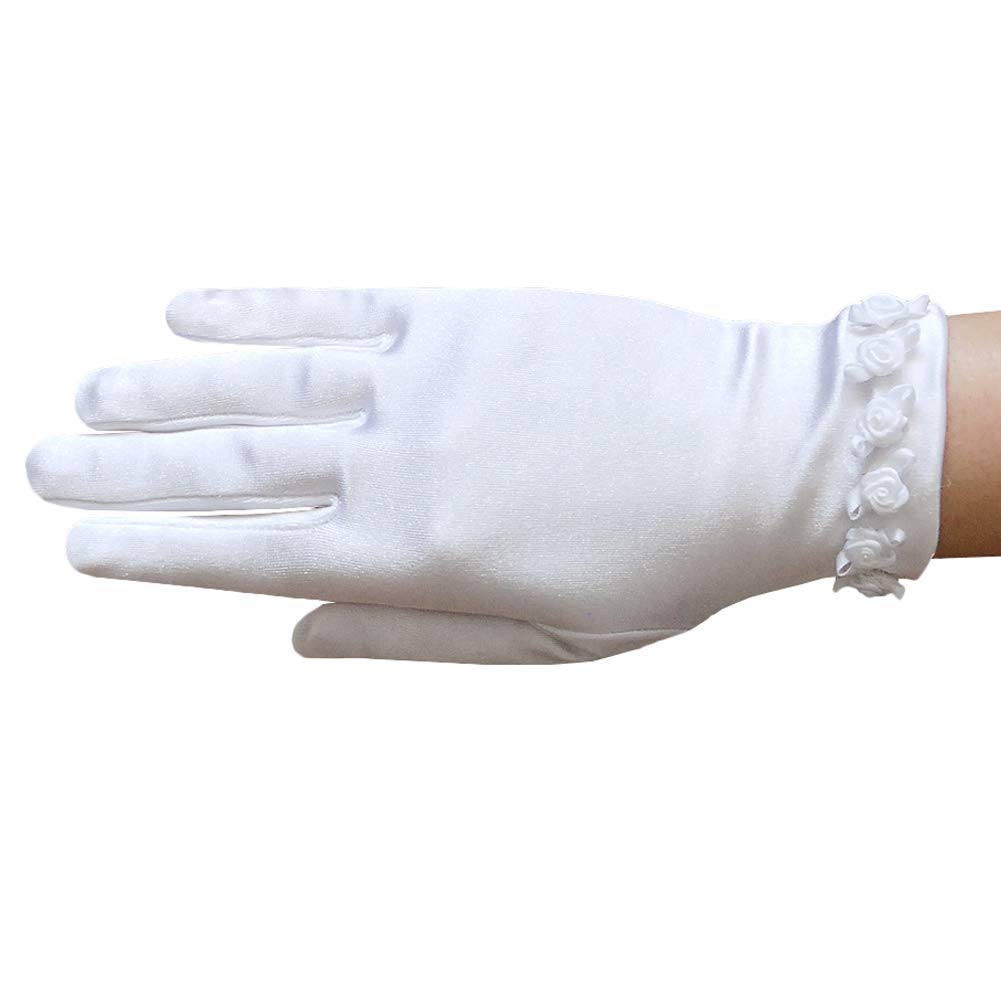 ZAZA BRIDAL Girls White Satin Gloves with Rosebud Accent Trim - Elegant Flower Wedding Accessories for Flower Girls, Bridesmaids & First Communion